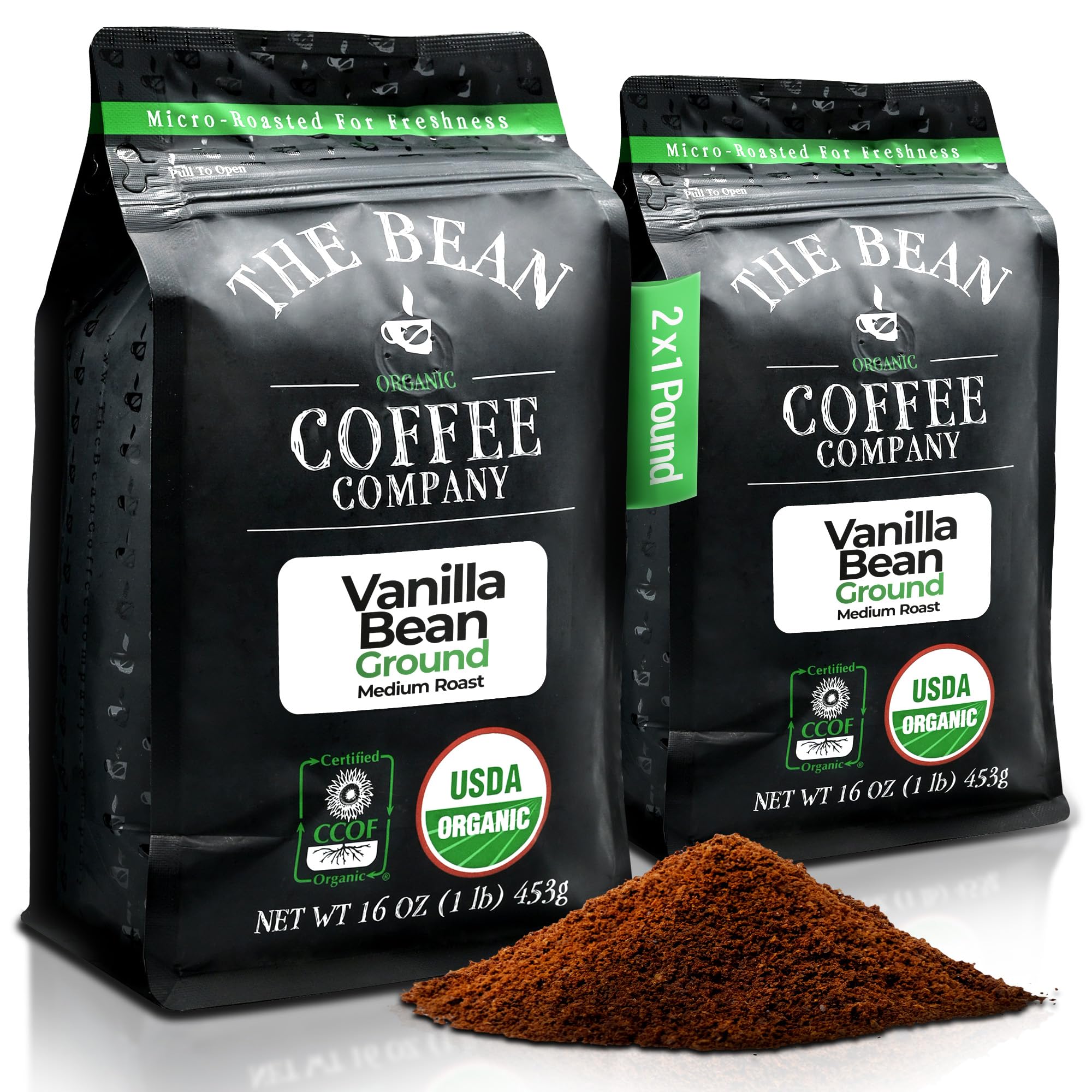 The Bean Organic Coffee Company Vanilla Bean, Medium Roast, Ground Coffee, 16-Ounce Bags (Pack of 2),Café molido tostado organico