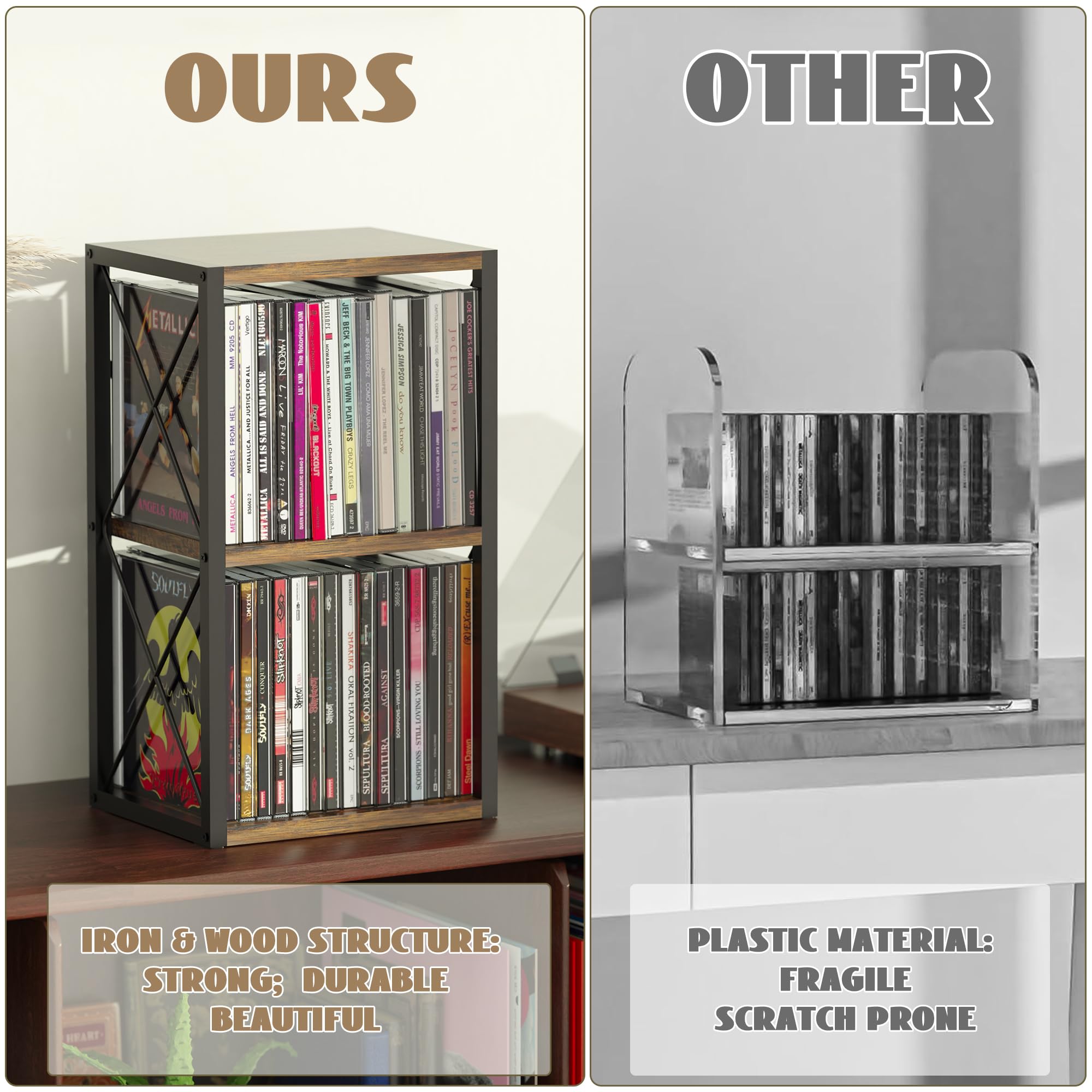 Alyoen Organizer per CD a 2 ripiani, in legno, può contenere fino a 30 CD, porta CD per esposizione, ripiano per CD di alta qualità per casa e ufficio, ideale per gli appassionati di musica