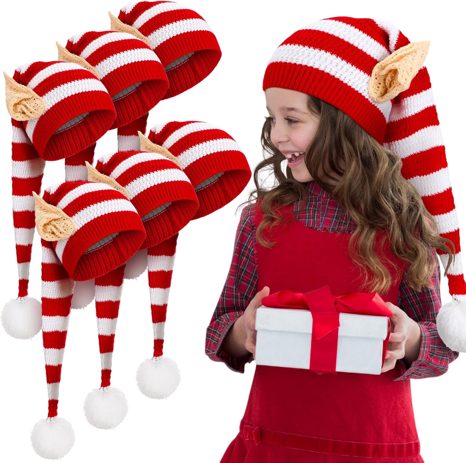 Funtery Christmas Knitted Elf Hats with Ears Crochet Long Santa Hats Beanie Elf Costume Accessories