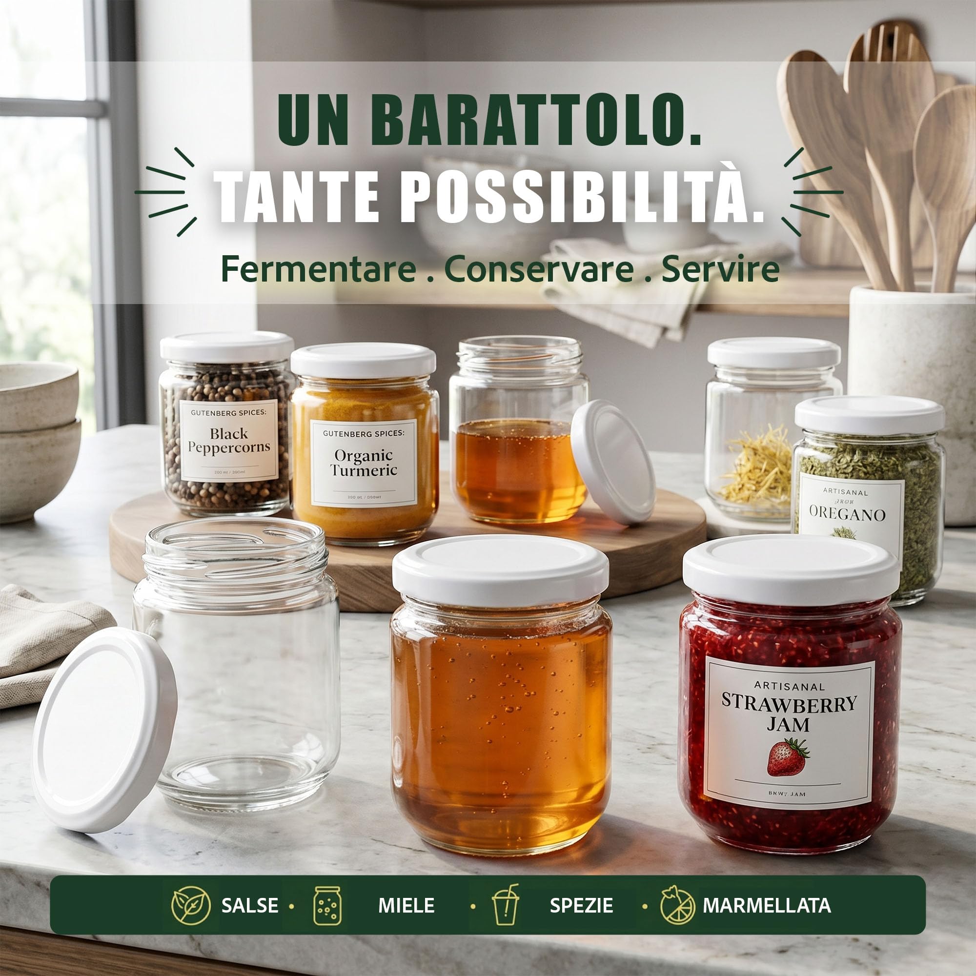24 barattoli vetro con coperchio vasetti conserve 200ml 200 ml per marmellata confetture bomboniere tappo a vite ermetico da cucina