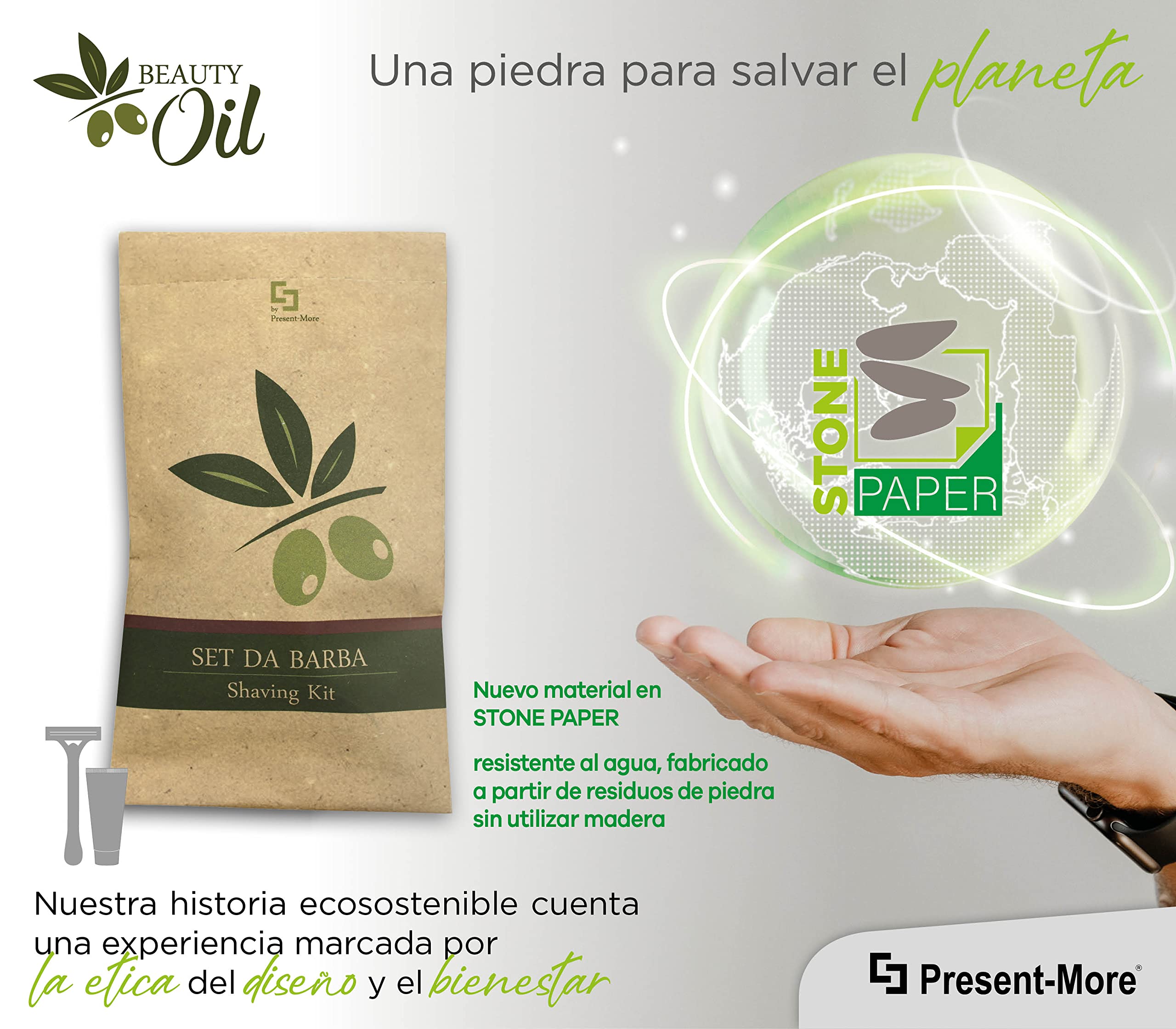 Present-More Kit barba Beauty Oil - Kit cuidado barba 250 unidades para Hoteles y B&B | Kit cuidado barba embolsado individualmente y envasado en material Stone Paper