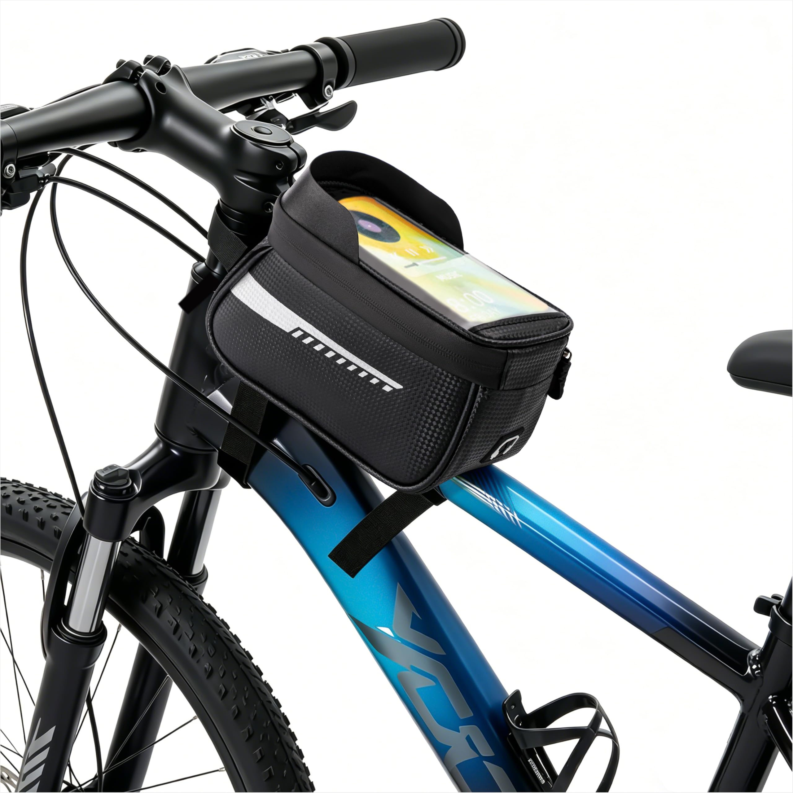 Qzakce Bike Frame Bag Waterproof Bicycle Cycling Pouch with TPU Touchscreen and Rain Cover for Phone Up to 7 Inch Crossbar Top Tube Stem Bag for Mountain Bike Road Bike