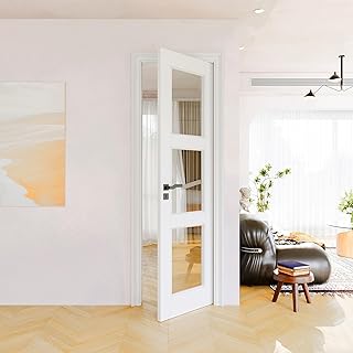 18" x 80" Clear Glass Slab Door, 3-Lite Glass French Interior Door, Pre-Finished Paintable Single Panel for Living Room Pantry Laundry Closet as Prehung, Pocket, Bifold Barn Doors-Shaker w/o Hardware