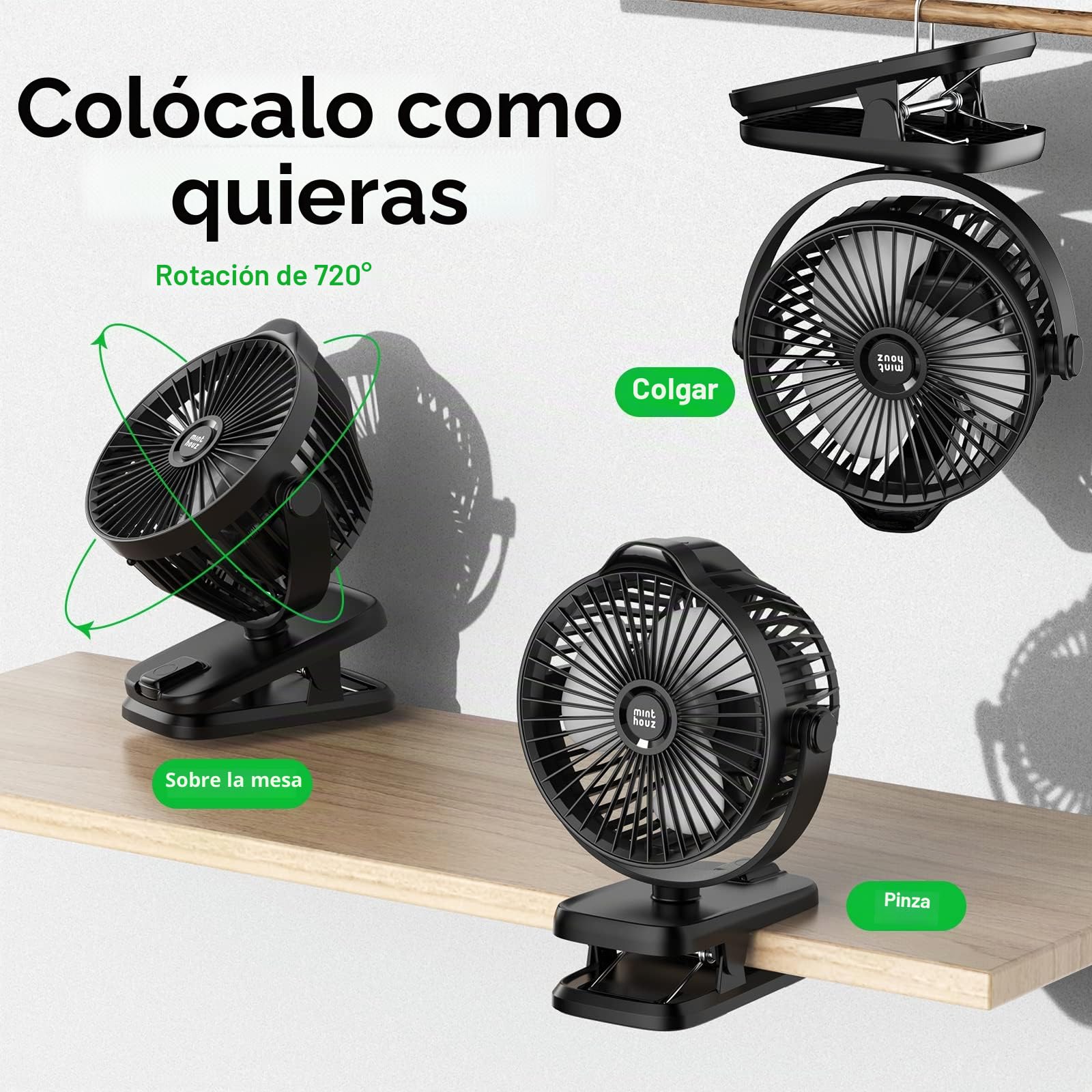 Minthouz Ventilador Portátil con Clip, Ventilador USB-C Recargable de 8000 mAh, 5 Velocidades, Ventilador Silencioso de Escritorio Ideal para Camping, Hogar, Oficina y Carrito para Bebé (Negro)