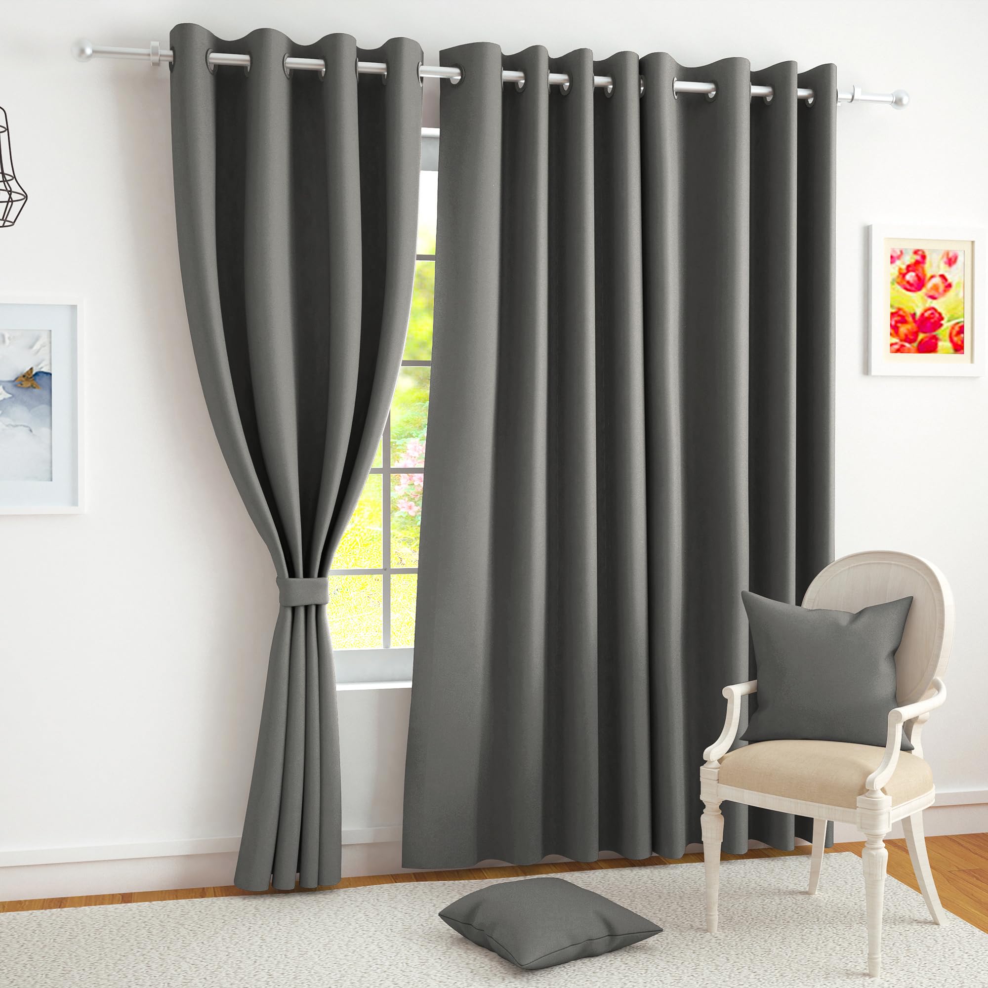 Story@Home 100% True Blackout Door Curtains 7 Feet Long Set of 2 | Solid Design | Room Darkening Curtain | Thermal Insulated Curtains for Living Room, Bedroom | (116 X 215 Cm, Ash Grey)