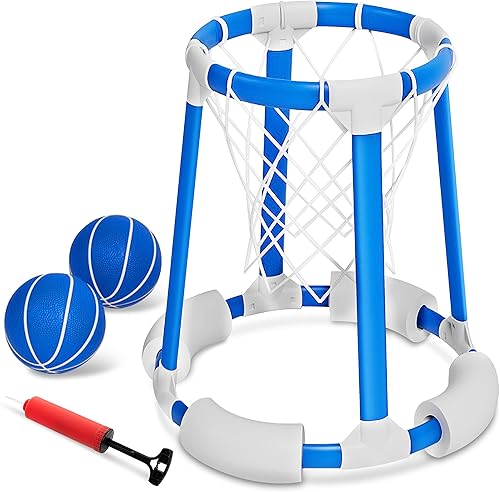 Juego de aro de baloncesto junto a la piscina con bomba y 2 pelotas de baloncesto, fácil montaje, resistente y duradero, seguro y divertido para