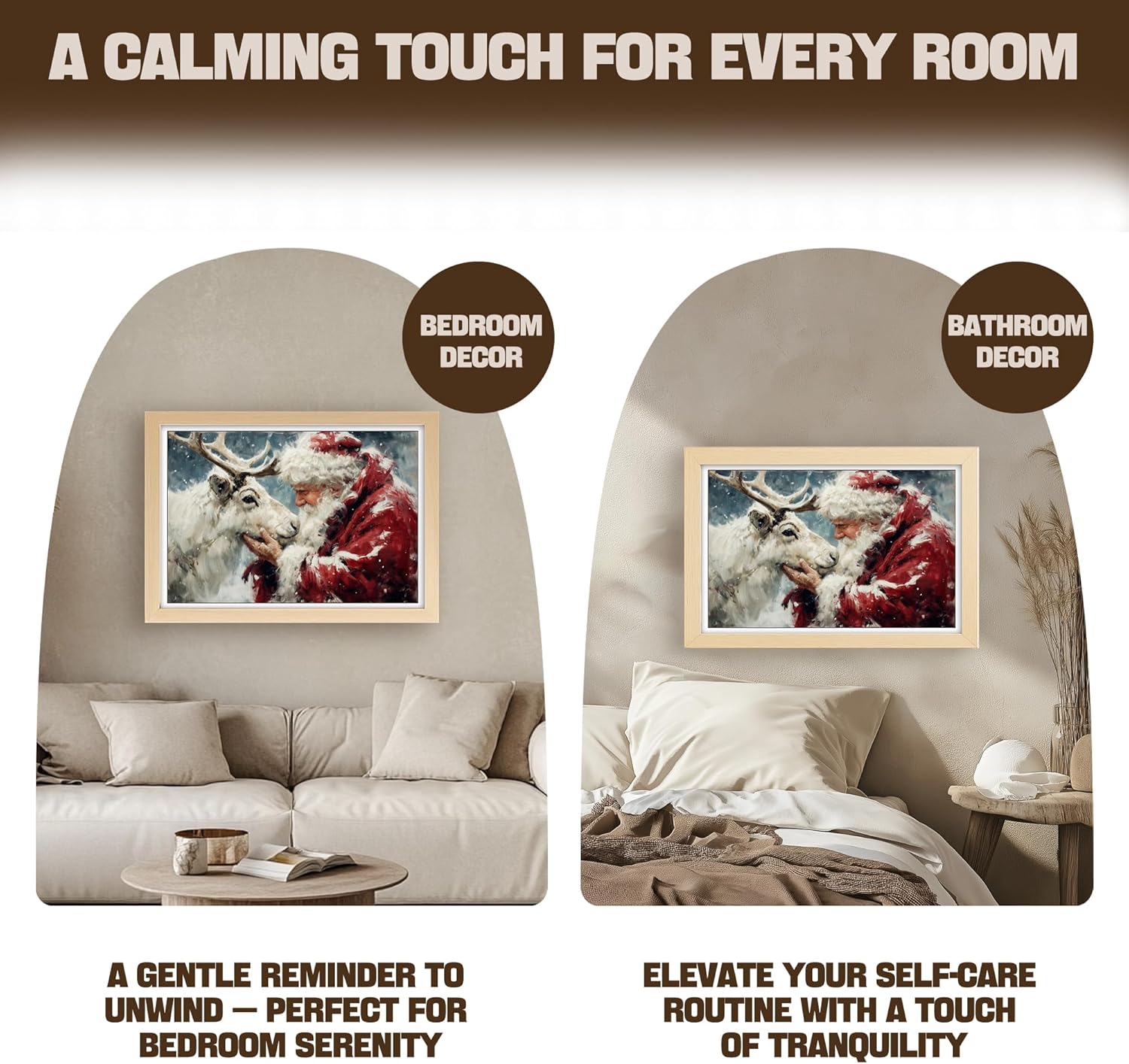 TABINDEX Christmas Framed Wall Art, Vintage Santa Claus Reindeer Canvas Art Print, Winter Painting Framed Santa Claus Pictures for Wall Decor, Snow Scene Artwork for Holiday Bedroom Decor 12x16 Inches