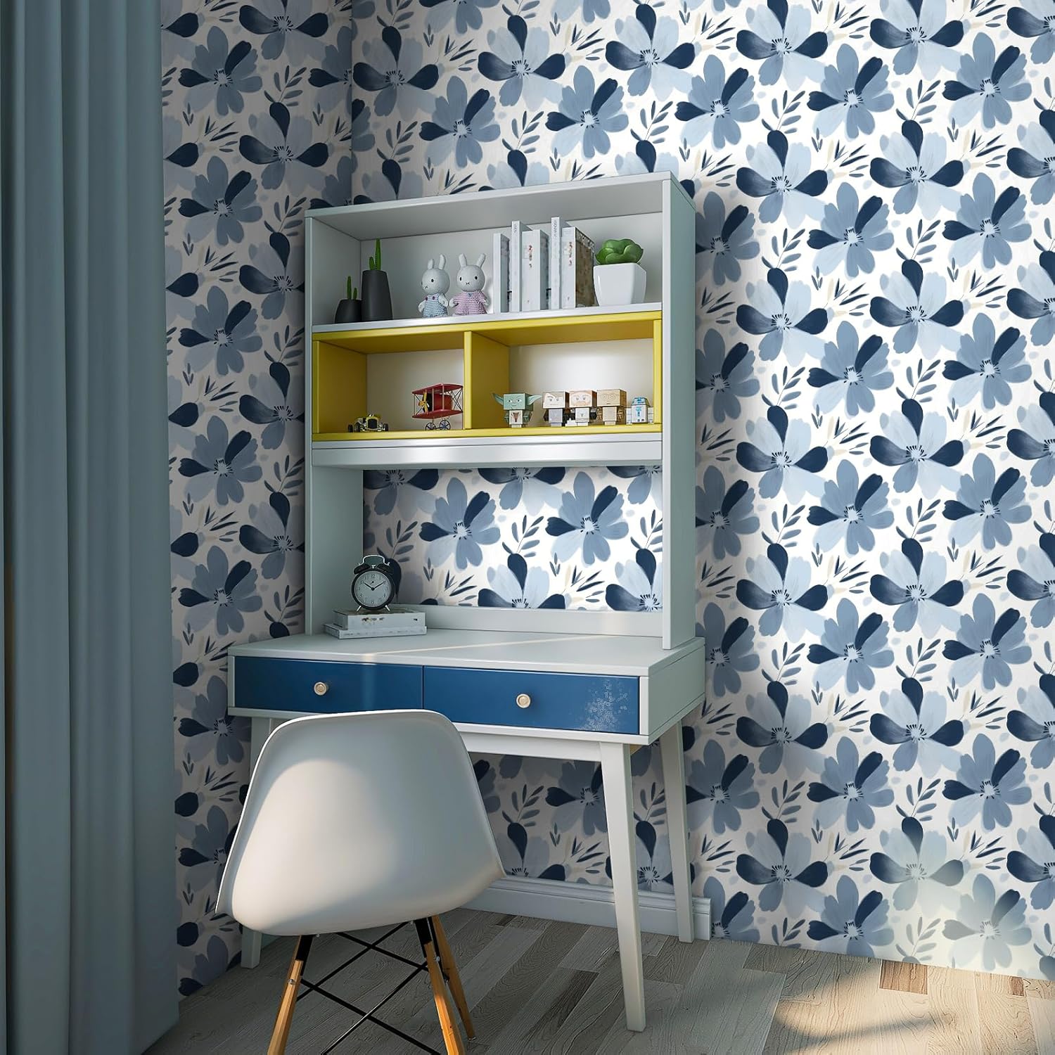 Blue Floral Wallpaper Peel and Stick Watercolor Elegant Flower Leaf Wallpaper Decorative Floral Contact Paper 12"x118" Self Adhesive Renter Friendly Wall Paper for Bedroom Nursery Cucible