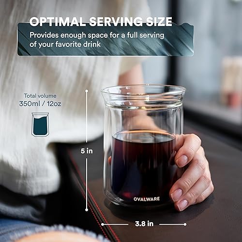 Miniatura 2 de ovalware Vaso de vidrio aislado de doble pared con un solo labio, juego de 2 (12 onzas  11.8 fl oz), vidrio de borosilicato para café, té, whisky,