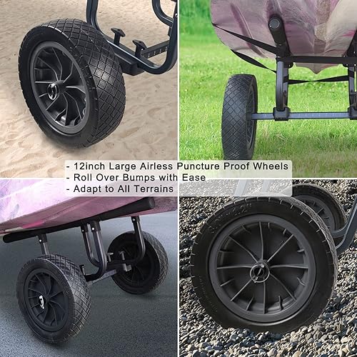 Miniatura 7 de Carrito de kayak resistente, carrito de canoa ajustable de ancho con ruedas de playa planas de 12 pulgadas