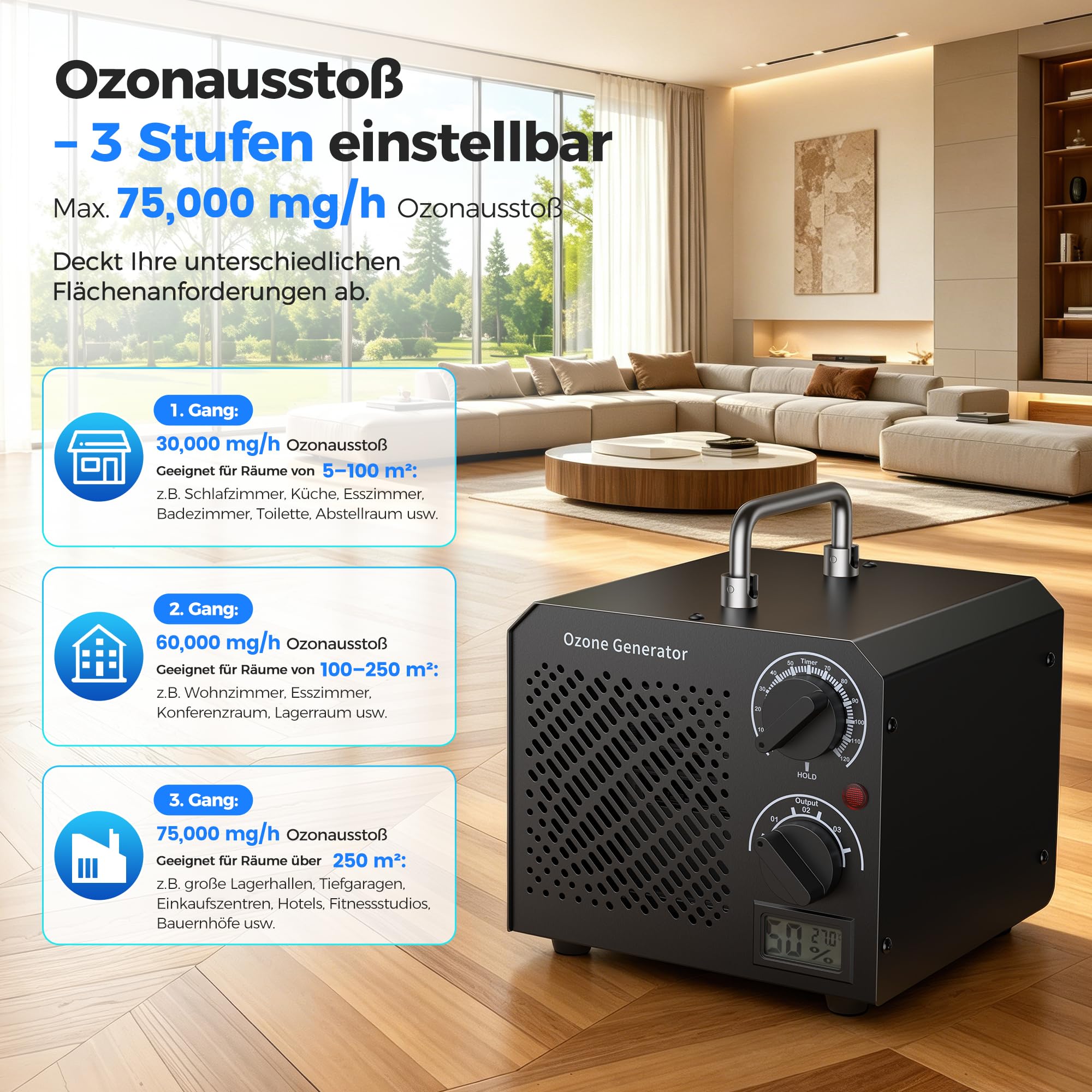 Ozongenerator 75000mg/H Ozongerät, O3 Ozon Luftreiniger, Ozonausstoß – 3 Stufen einstellbar Optional, mit 120 Min Timer für 300㎡, für Wohnung Garagen Raum Hotels Haustiere, Reinigen Gerüche