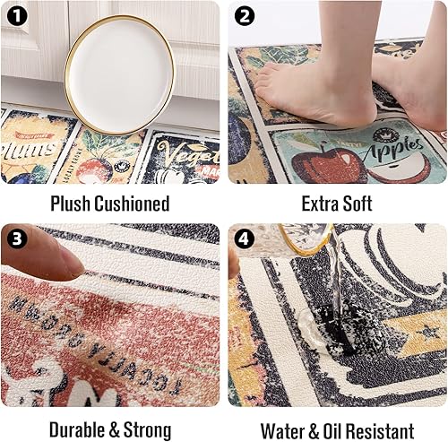 Miniatura 3 de Carvapet Alfombrillas de cocina de 2 piezas, antifatiga, alfombras y tapetes de cocina de granja con frutas y verduras antideslizantes, acolchados,