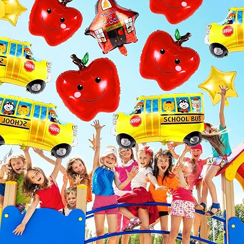Miniatura 2 de 20 globos de regreso a clases, globos de aluminio de autobús escolar de bienvenida, globos de helio de Mylar de manzana feliz a granel para