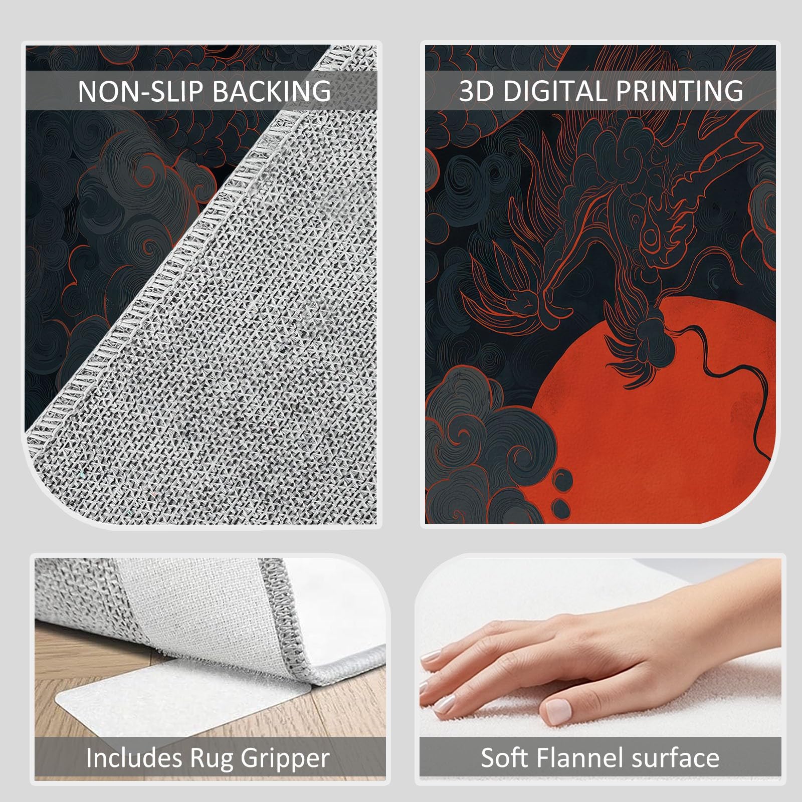 Générique Tapis de Salon 160 x 230 cm Dragon Chinois Fantastique Lune Rouge, Tapis Peinture À L’Encre Antidérapant, Paillasson Interieur Entree à Poil Ras Moquette pour Chambre Bureau Cuisine