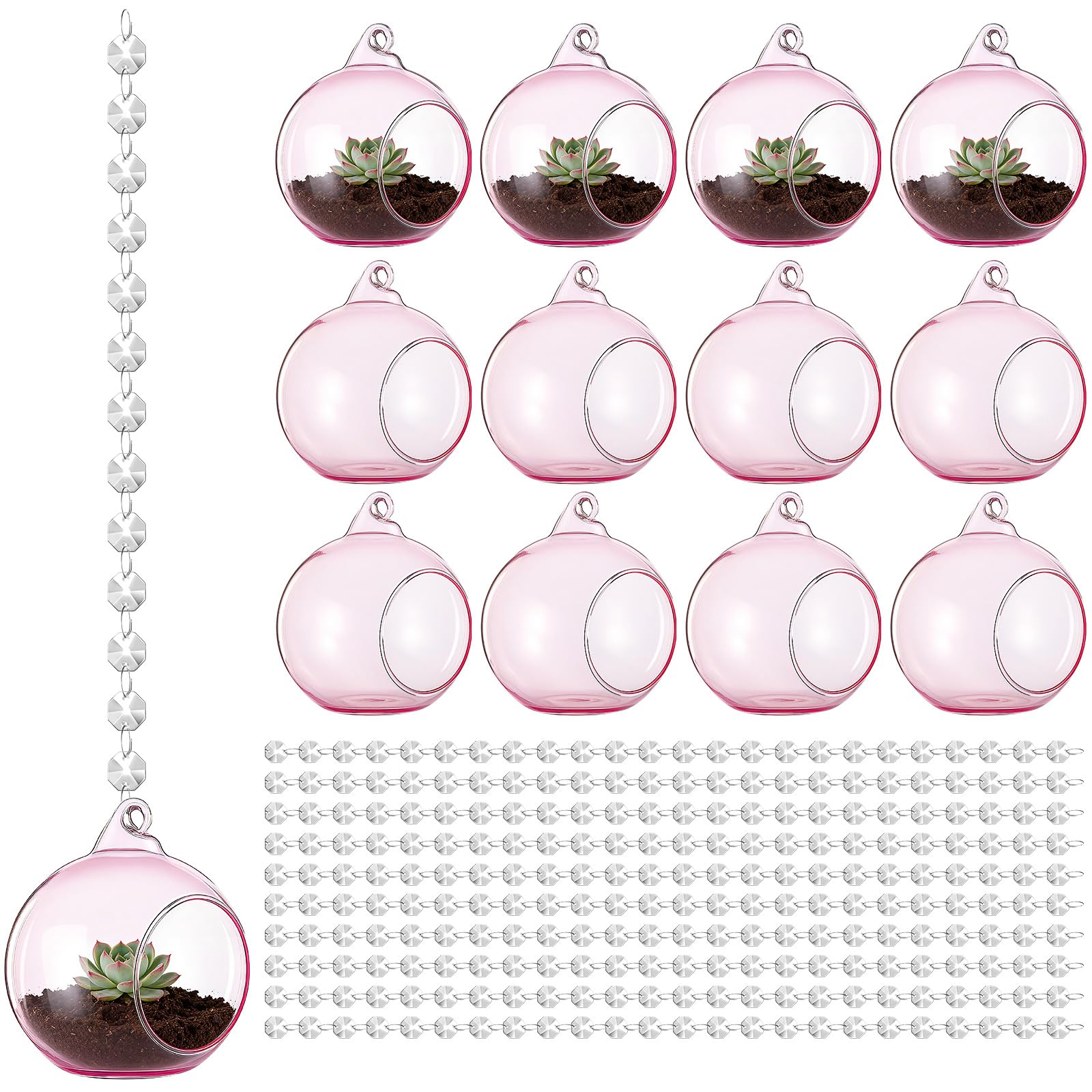 GlikCeil Lot de 17 photophores en verre à suspendre en forme de globe et guirlande de cristaux K9 transparents pour décoration de fête de mariage 8,9 cm