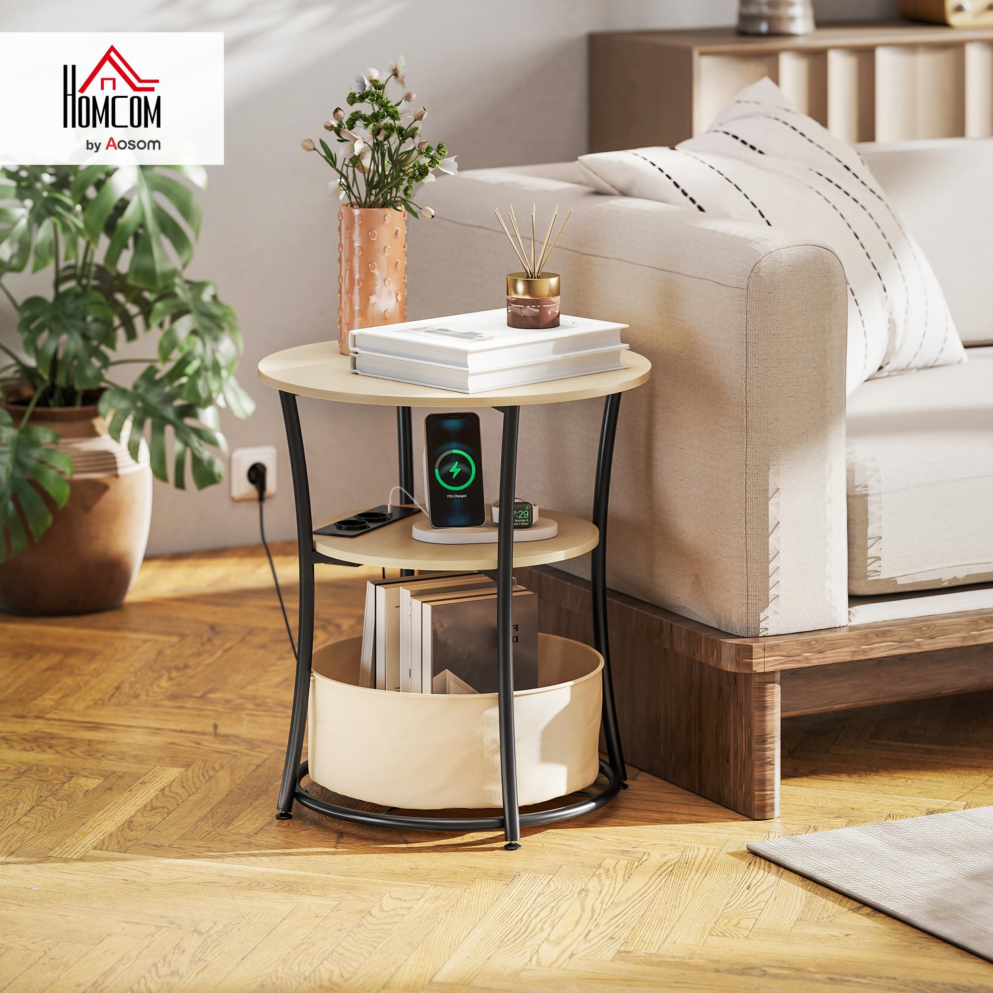 HOMCOM Mesa Auxiliar Redonda de 3 Niveles Ø50x55,1 cm Madera Natural | Estación de Carga, Mesita Auxiliar Industrial, 2 Estantes Abiertos, Bolsa de Almacenaje, para Salón Dormitorio Librería