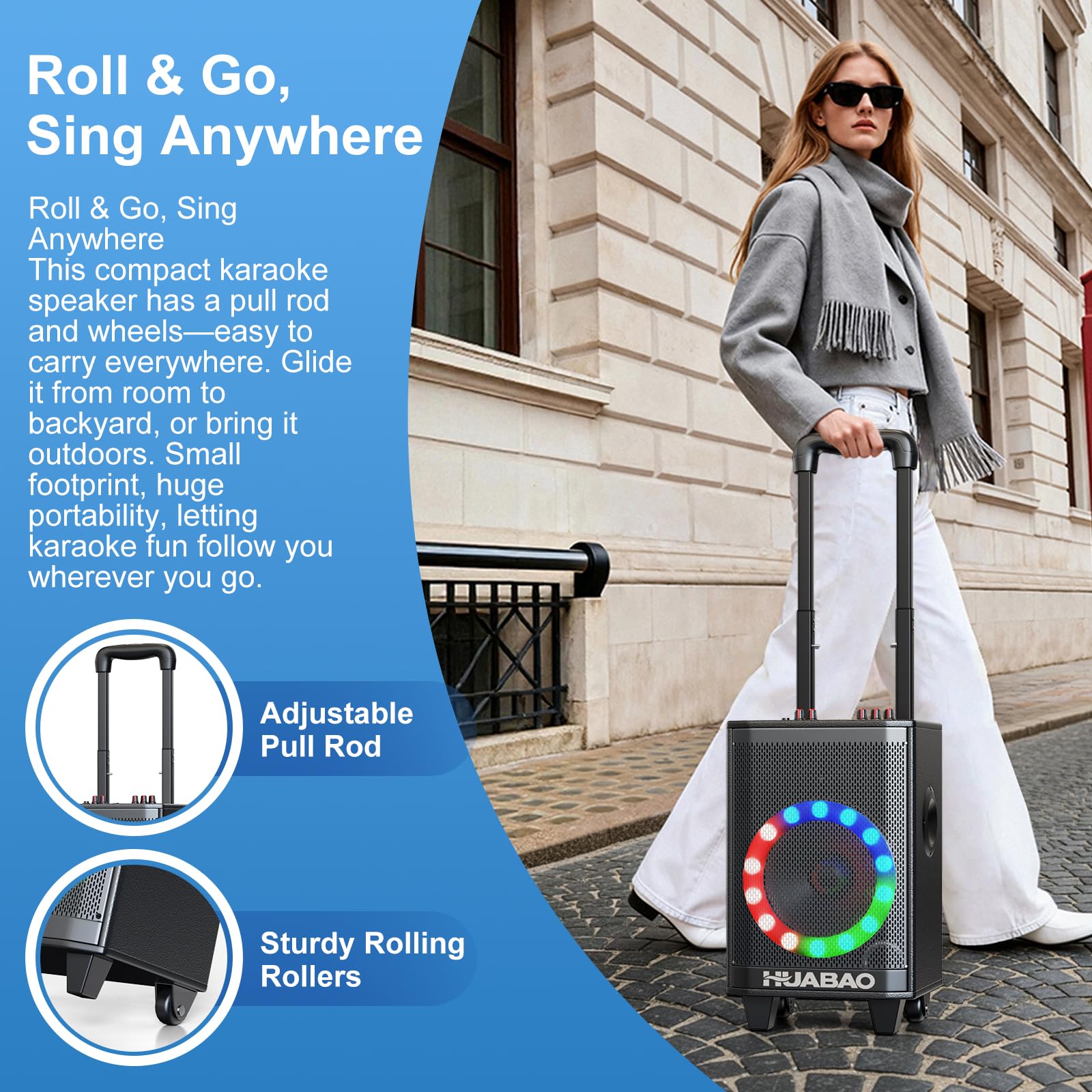 Tragbare Karaoke-Maschine mit 2 drahtlosen Mikrofonen, Bluetooth-Lautsprecher mit Beleuchtung und Trolley-Rädern, 6600-mAh-Akku-PA-System, FM/AUX/USB/TF, Fernbedienung, Bass-/Höhen-/Echo-Einstellung
