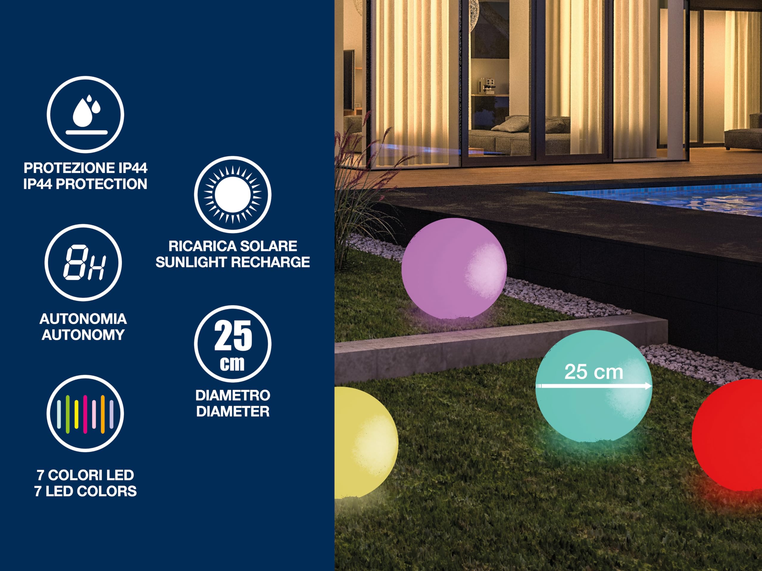 BEPER P207ILO225 Bola luminosa para jardín, LED RGB, luz blanca y multicolor con sensor crepuscular, resistente al agua IP44, alimentación solar, recargable, con pica para exteriores, diámetro 25 cm.