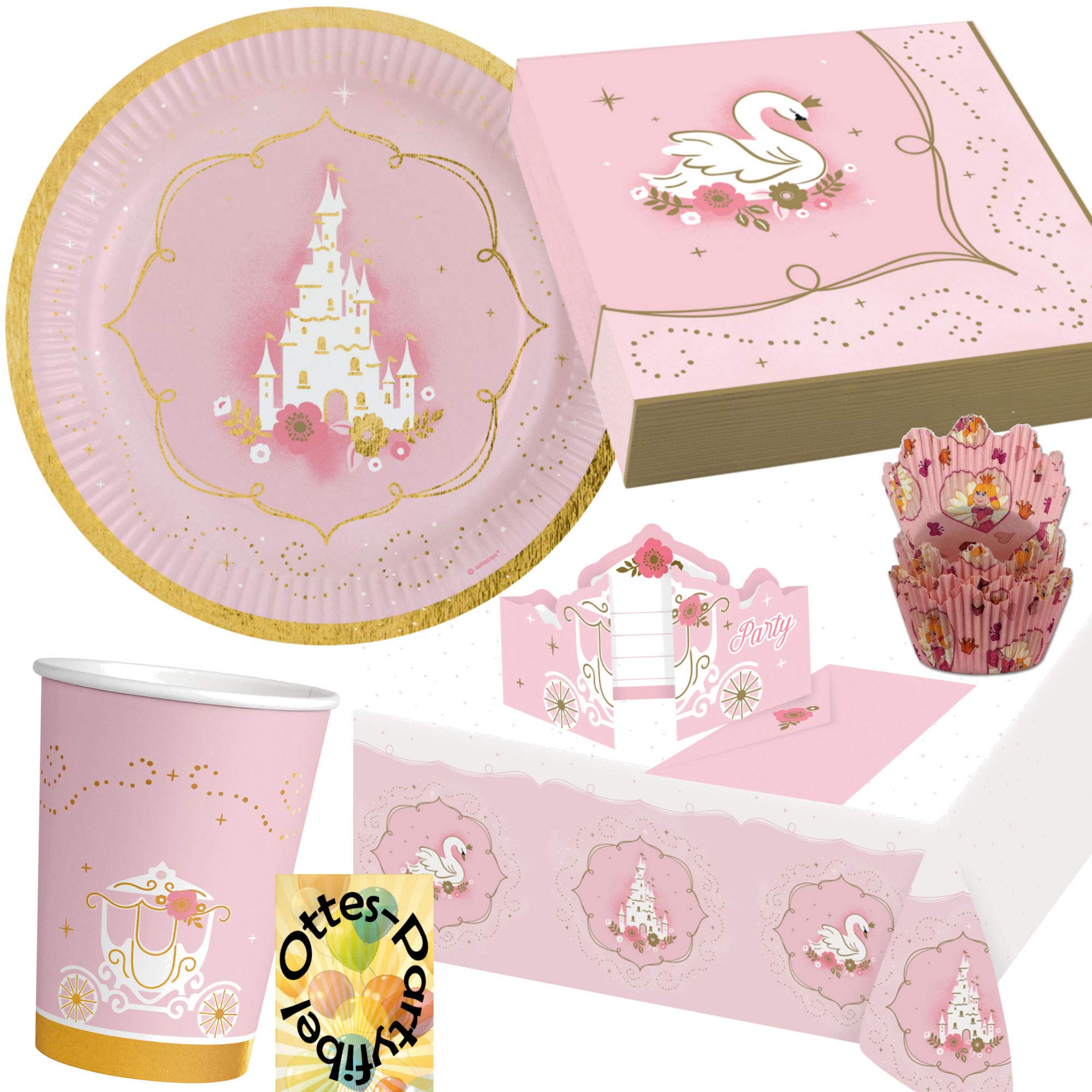 HHO Prinzessin-Party-Set Princess-Party-Set 113tlg. für 16 Gäste Teller Becher Servietten Tischdecke Einladungen Muffinförmchen