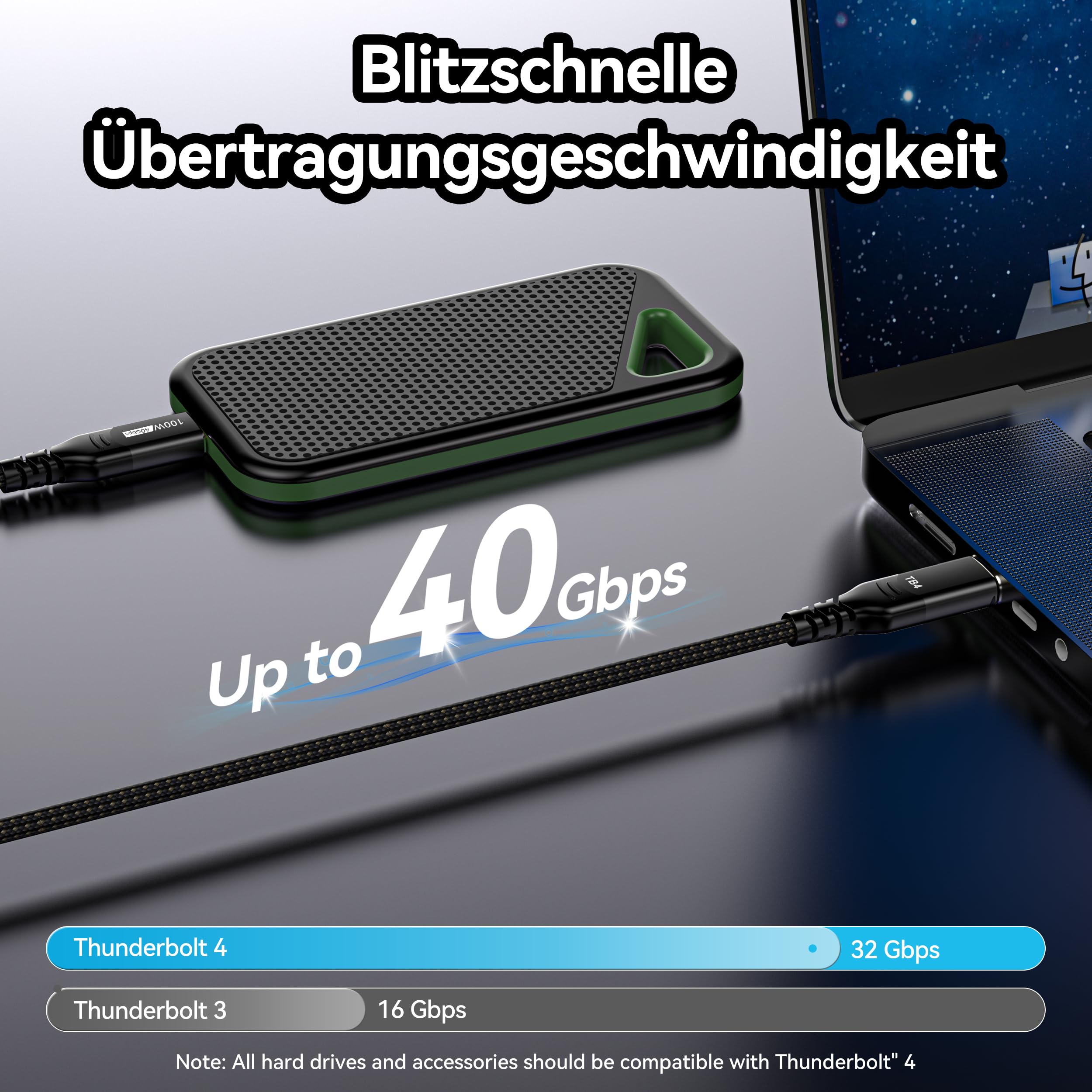 USB C Thunderbolt 4 kabel 40Gbps, szybkie ładowanie 100W kabel danych USB 4, 8K@60Hz kabel USB C na USB C do MacBook, stacji dokującej, PSSD, iPhone 16, laptopa, Android Auto, eGPU, 1,5m