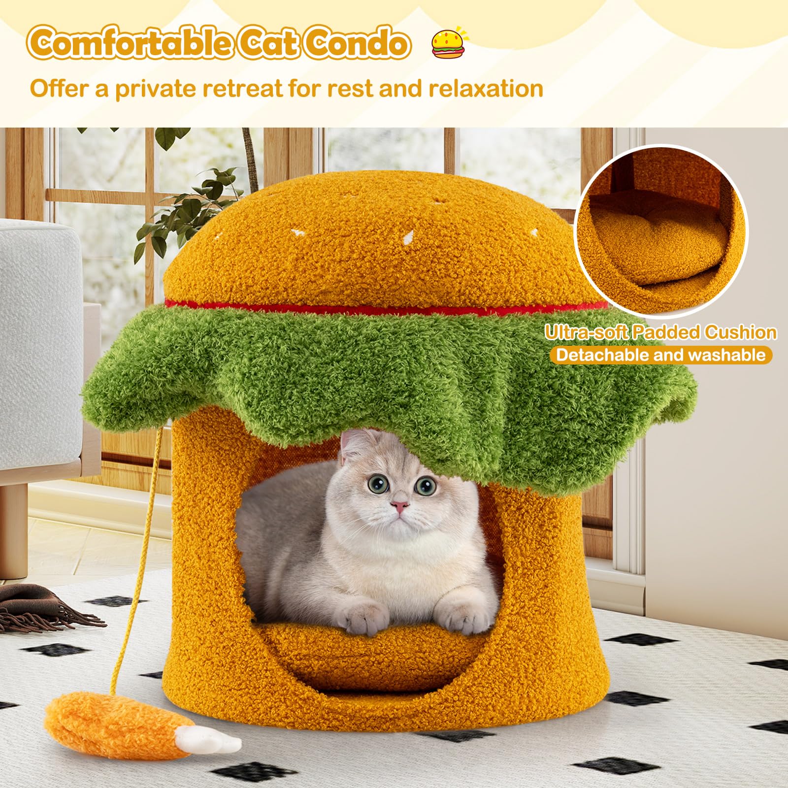 COSTWAY Cama para Gatos para Interior, Casa para Gatos en Forma de Hamburguesa con Percha Acolchada, Juguete Colgante de Peluche, Cojín Desmontable y Lavable, 37x37x41 cm, Cueva para Gato