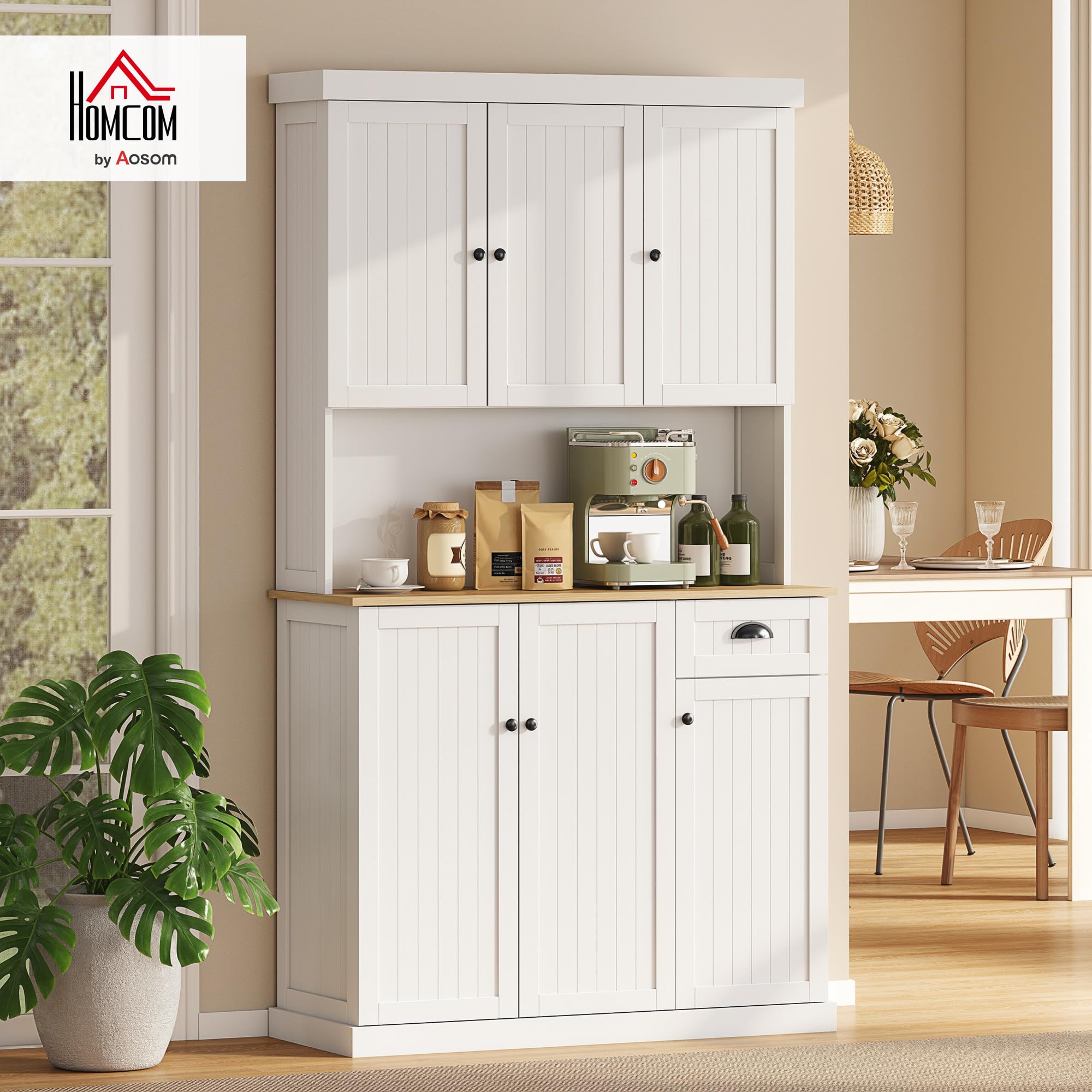 HOMCOM Credenza Cucina Alta con Armadietti, Cassetto e Piano Portamicroonde, Mobile Dispensa Stretto con Ante e Ripiani Regolabili, per Soggiorno, Sala da Pranzo, 101x39x180cm, Bianco