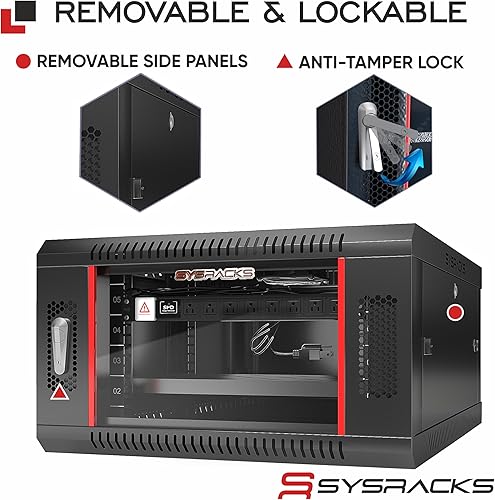 Miniatura 4 de Sysracks Rack de red de bloqueo de gabinete de servidor de montaje en pared de 18 pulgadas de profundidad de 9U - PDU de 8 vías - Ventilador de