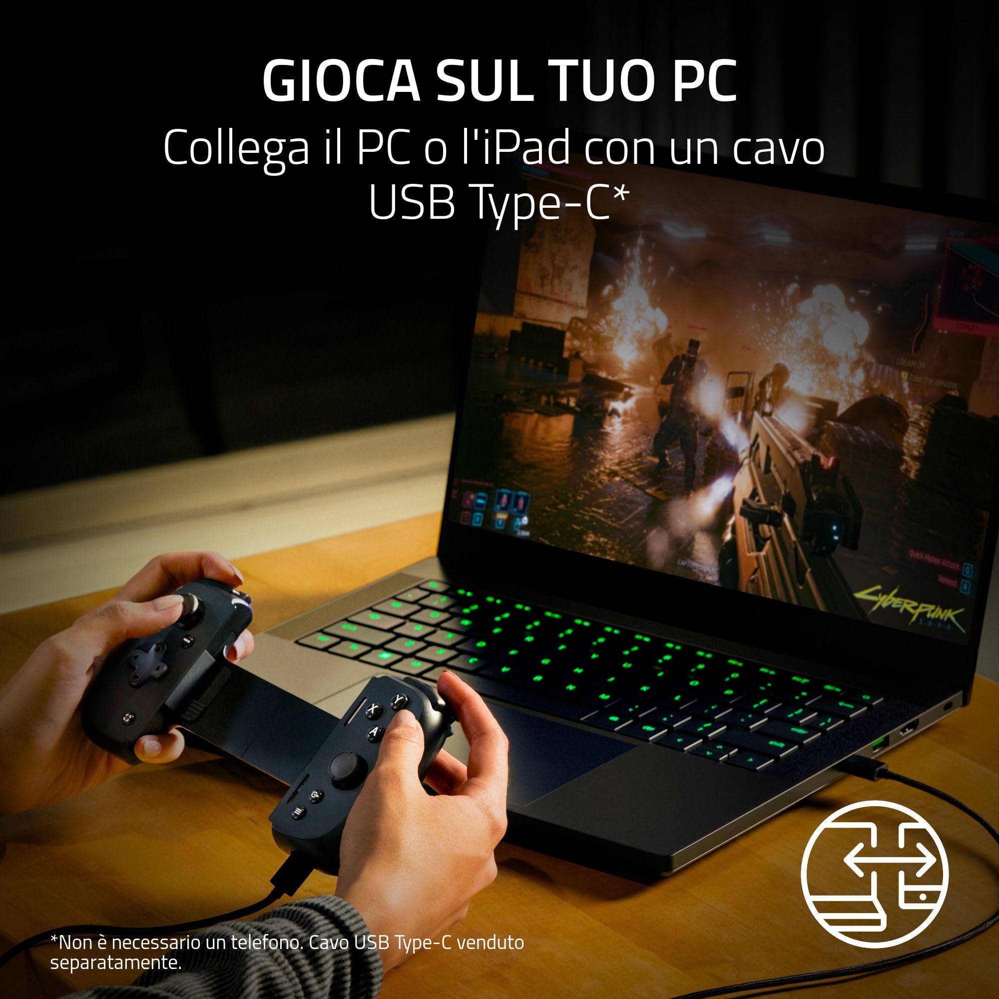 Razer Kishi V2 - Controller di gioco mobile USB-C per iPhone e Android (pulsanti d'azione mecha-tattili, D-Pad, stick analogici, jack audio da 3,5 mm, bassa latenza, RGB) Nero