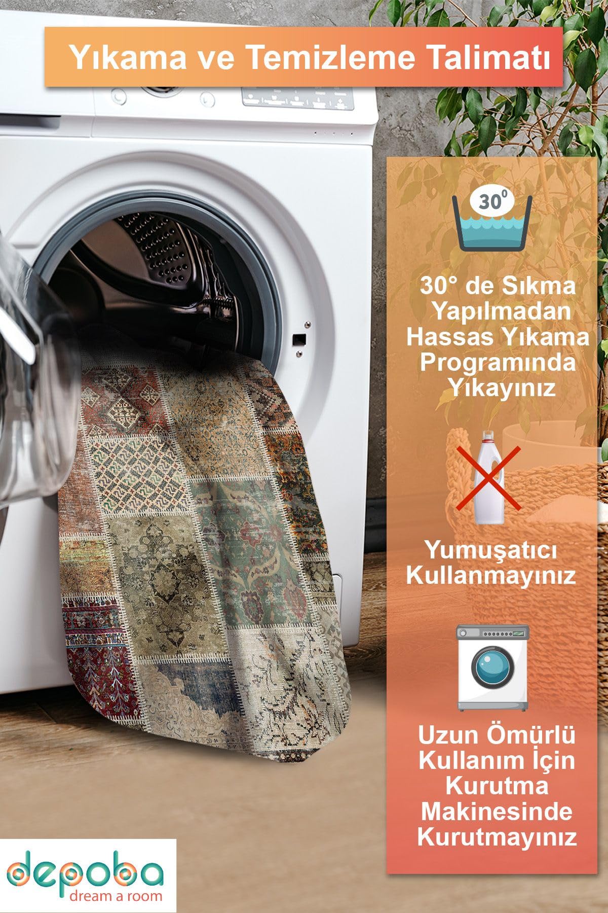 Depoba Flona Patchwork Şönil Kaymaz Doğal Pamuk Tabanlı Yıkanabilir Antibakteriyel Çevre Dostu Salon Halısı 120x180