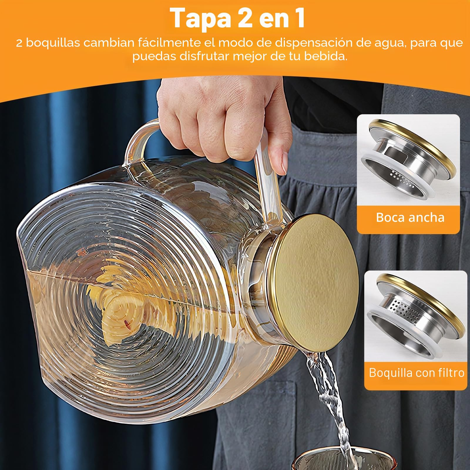 Jarra de agua de 2,2 litros de vidrio de borosilicato, jarra de agua con tapa de acero inoxidable, a prueba de fugas para bebidas caseras/café/leche/té helado/vino/jugo