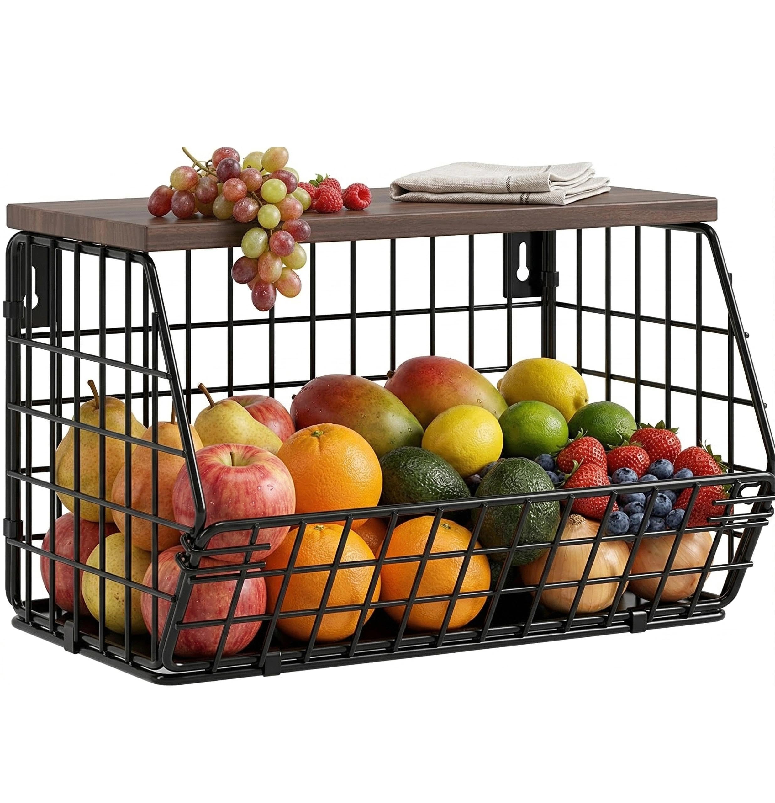Cesto per la frutta, fruttiera sospesa, cestini da cucina sospesi, cestini da cucina, contenitori da parete, impilabili, con coperchio in legno e viti, per conservare verdura, frutta e snack, nero