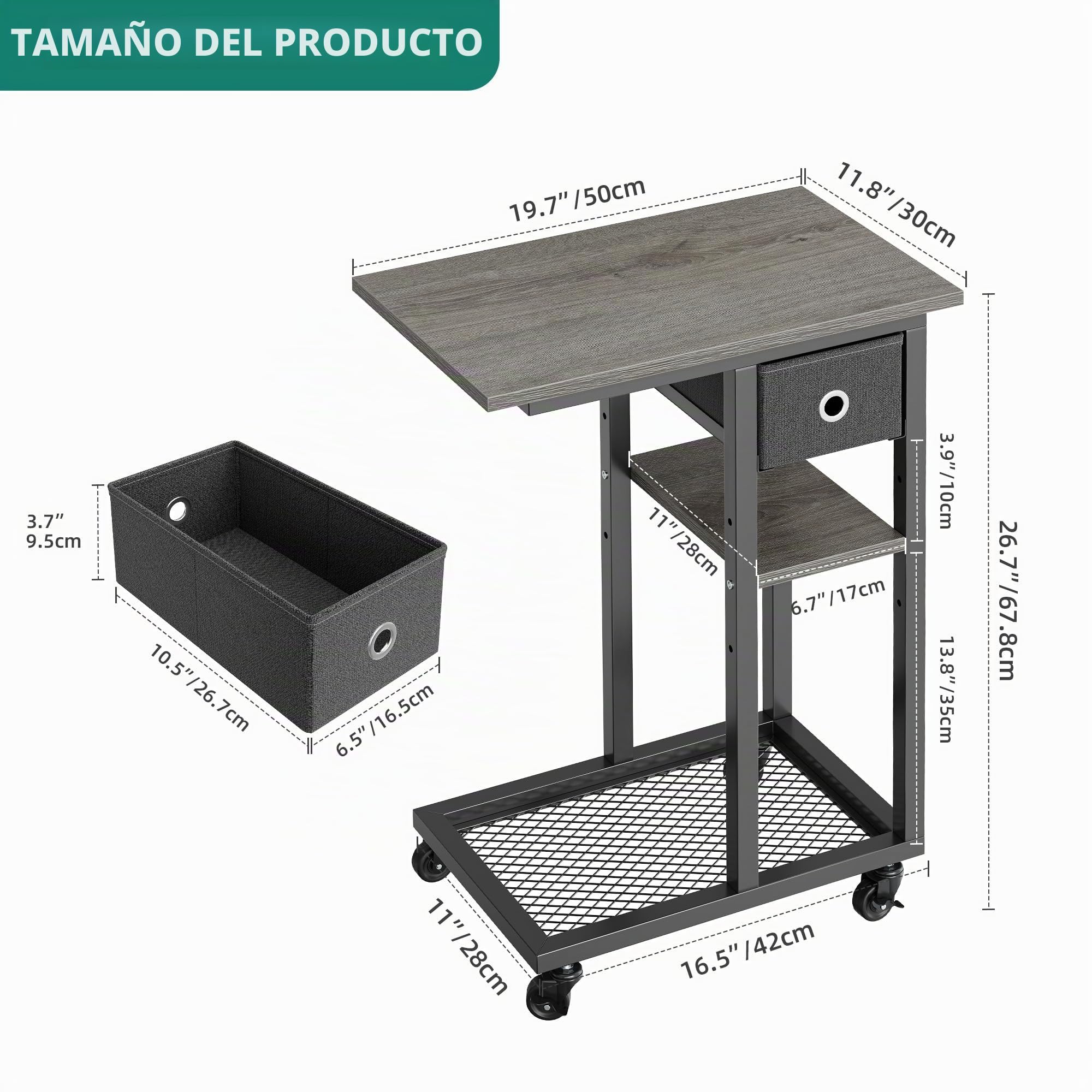 YITAHOME Mesa Auxiliar en Forma de C, Mesa Auxiliar para Sofá con Cacharro y Ruedas, Mesa de Café para Computadora Portátil,para Sala de Estar, Dormitorio，Gris