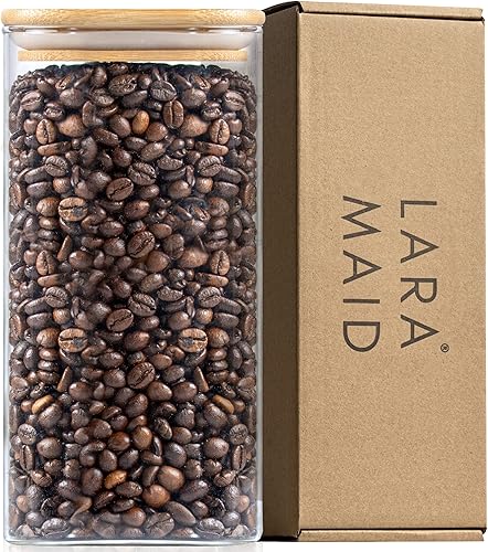 Laramaid Tarro cuadrado de vidrio de 51 onzas, tarro de almacenamiento con tapa de bambú y anillo de sellado, recipientes de almacenamiento de