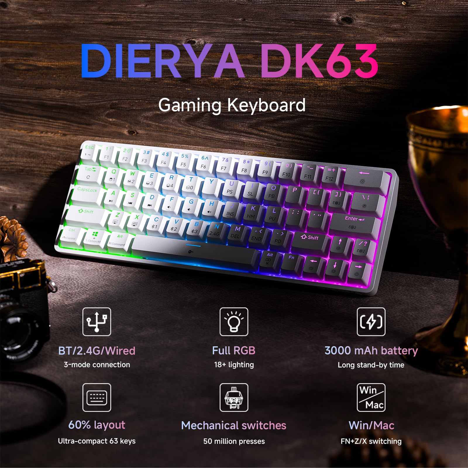 Dierya DK63 Tastiera Gaming Wireless con Interruttori Meccanica Lineari,60% Tastiera 2.4Ghz/Bluetooth/Type-C,Retroilluminazione RGB,Mini Compact 6 Tasti Anti-Ghosting(Layout US,QWERTY) Bianco