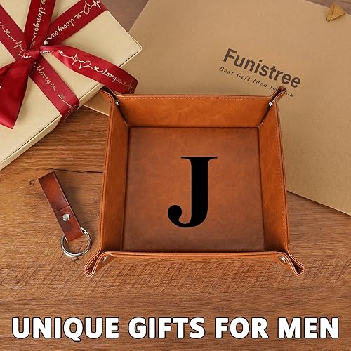 Miniatura 5 de Funistree Regalos para hombres, papá, marido, Navidad, cumpleaños de hija, hijo, esposa, bandeja de valet de piel sintética con monograma y llavero,