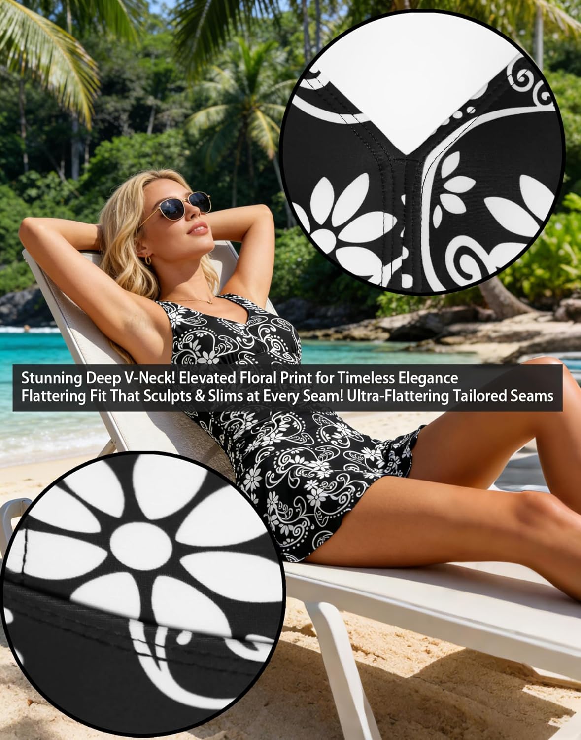AONTUS Women's Tummy Control One Piece Swimsuits Sexy V Neck with UPF 50+ Sun Protection Retro Swimwear for Beach Pool