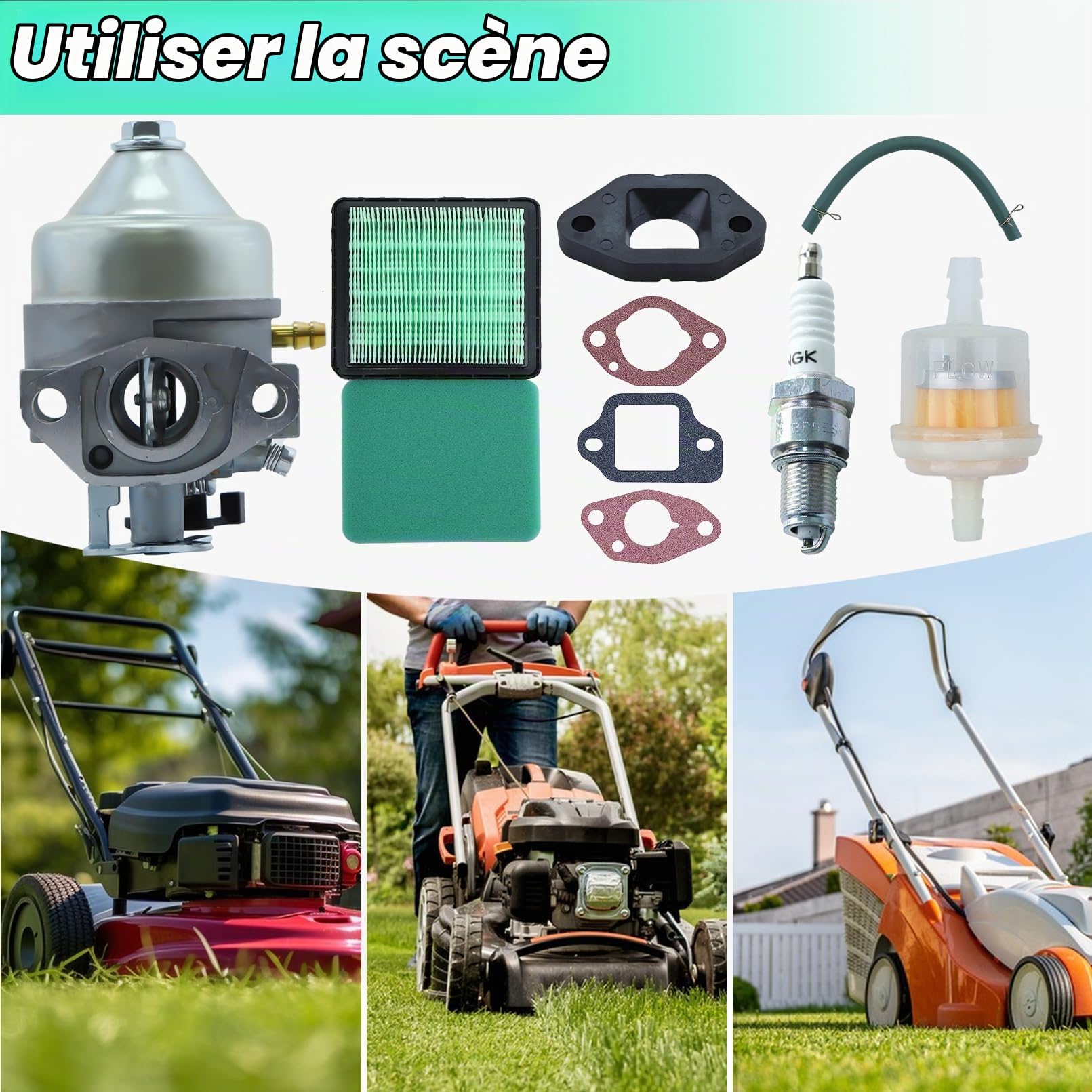 ADEFOL Kit carburateur pour Honda moteur GCV190 et tondeuse à gazon HRB217 HRX217, Carburateur + Filtre à air + Joints + Bougie d'allumage + Filtre à carburant accessoire kit 9 en 1