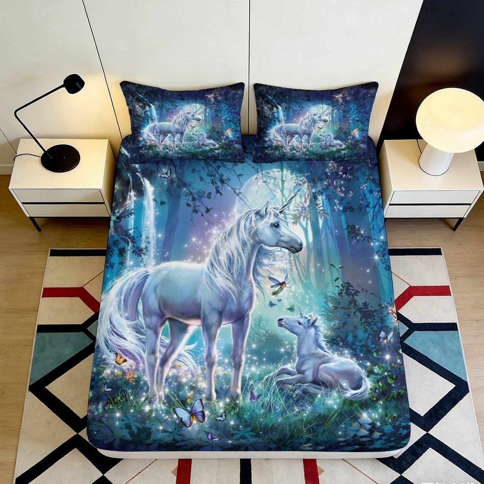 3D Printed Fantasy Unicorn Fitted Sheet Microfiber Soft Blue Forest Mattress Cover Bedroom Dorm Decor 90x200x25cm