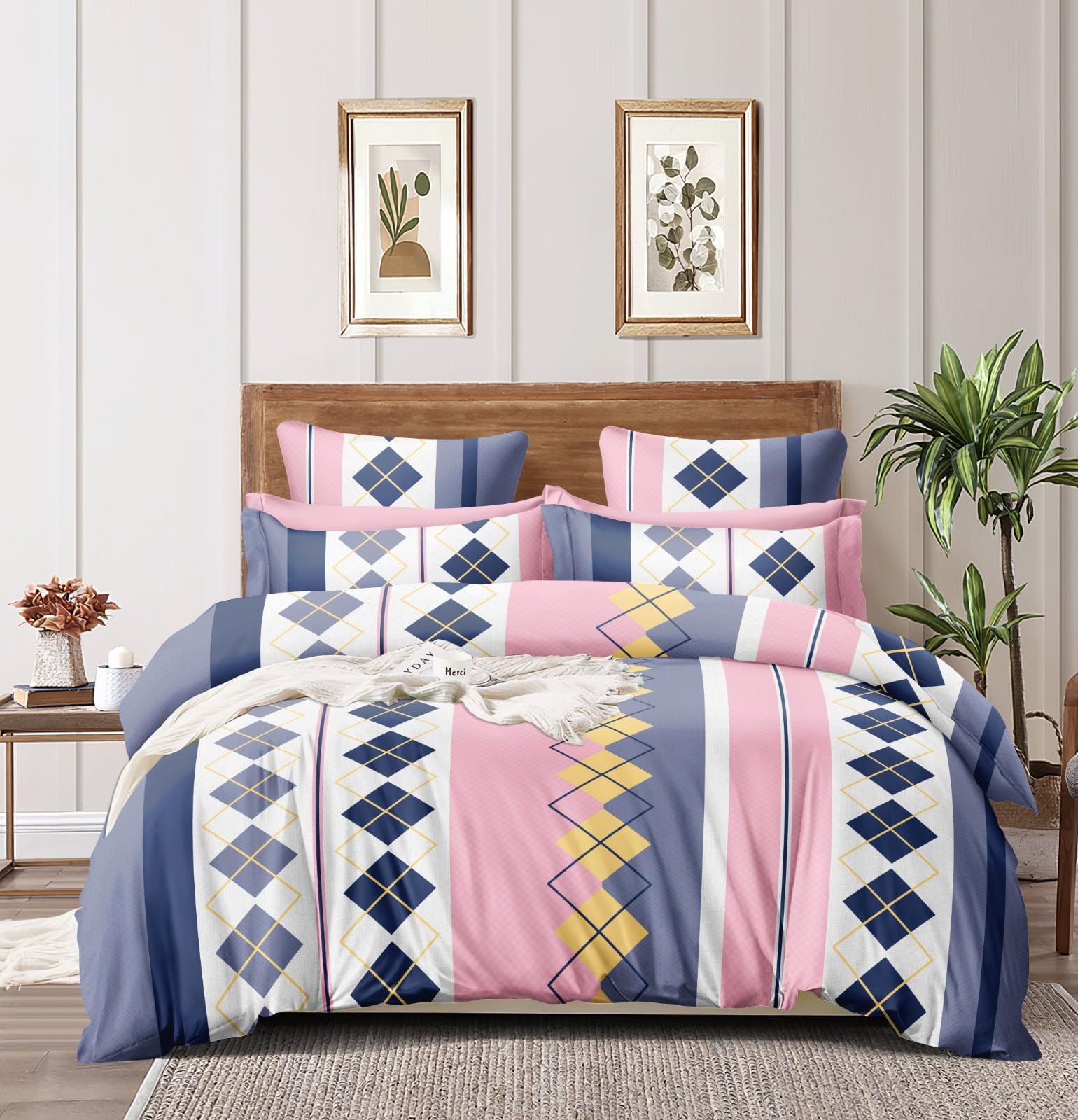 The Home Style Super Soft Glace Cotton King Size Ac Comforter/Quilt/Blanket Double Bed With 1 Flat Bedsheet And 2 Pillow Cover_Pink Checks (Comforter Set) - 350 Tc