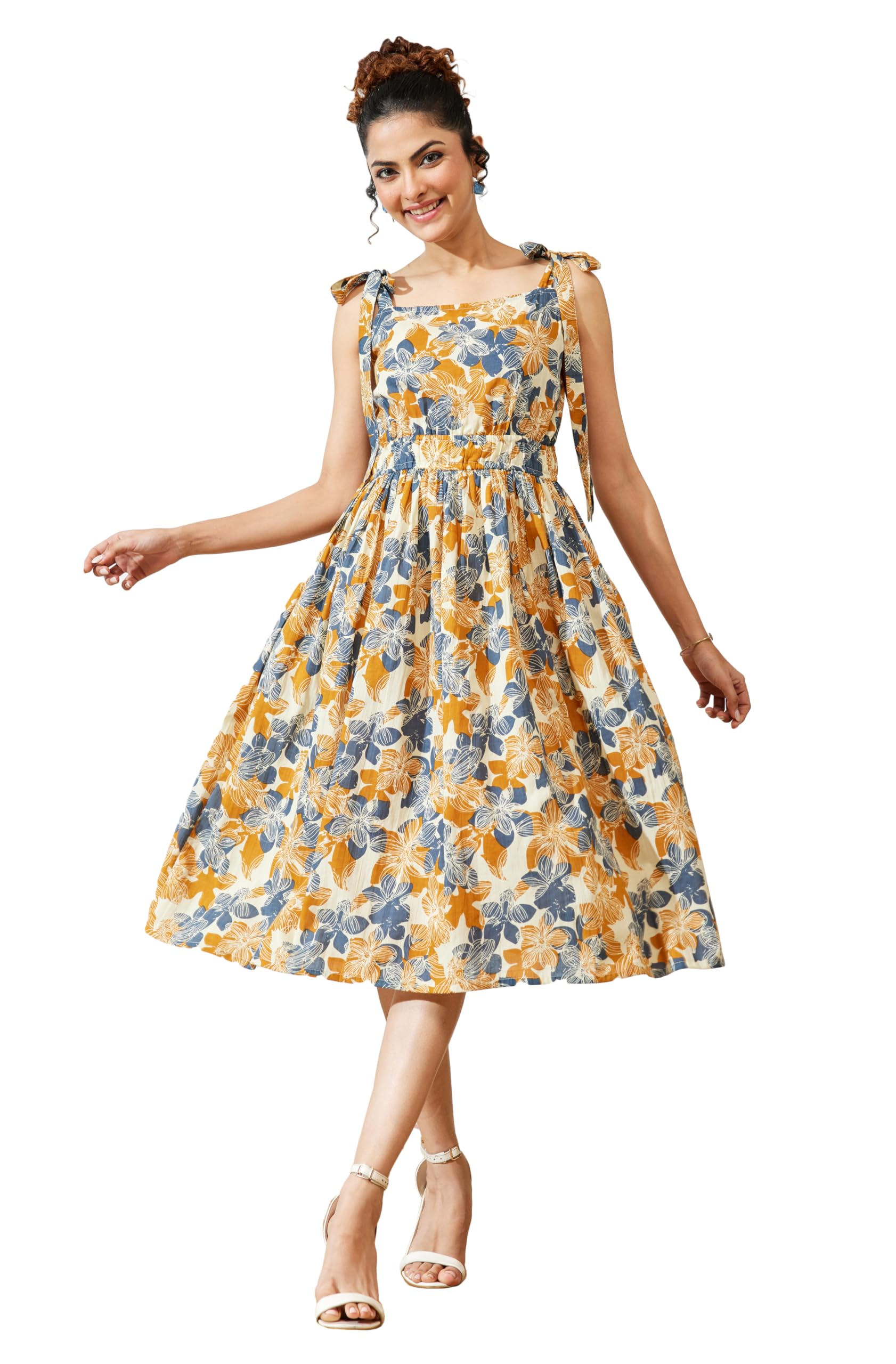 janasya Women's Cream Pure Cotton Floral Printed Fit & Flare Dress-picture-29