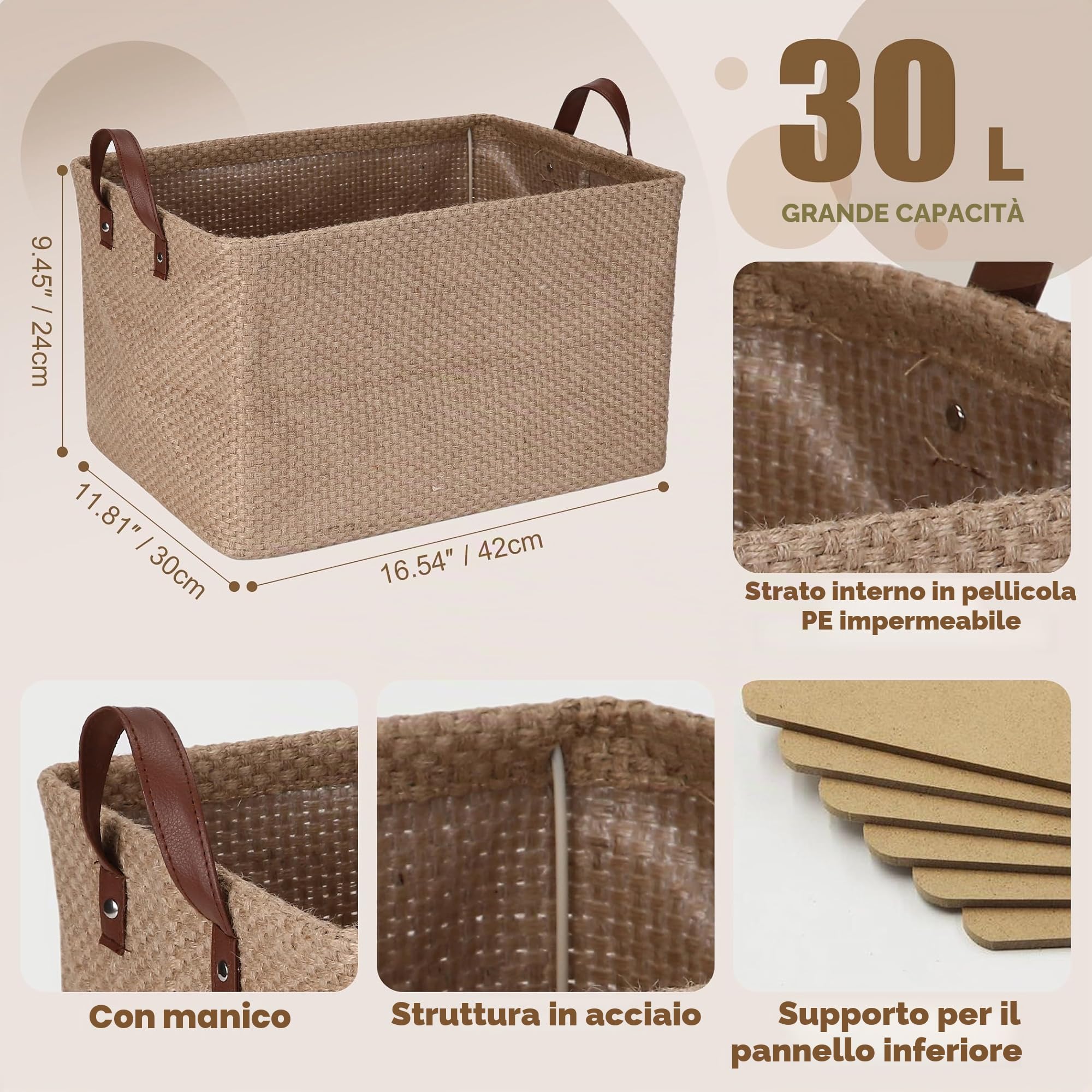 Sea Team Robusto cestino in iuta con telaio di supporto (42 x 30 x 25 cm) – organizzatore stabile per scaffali e armadi, accessori per la casa