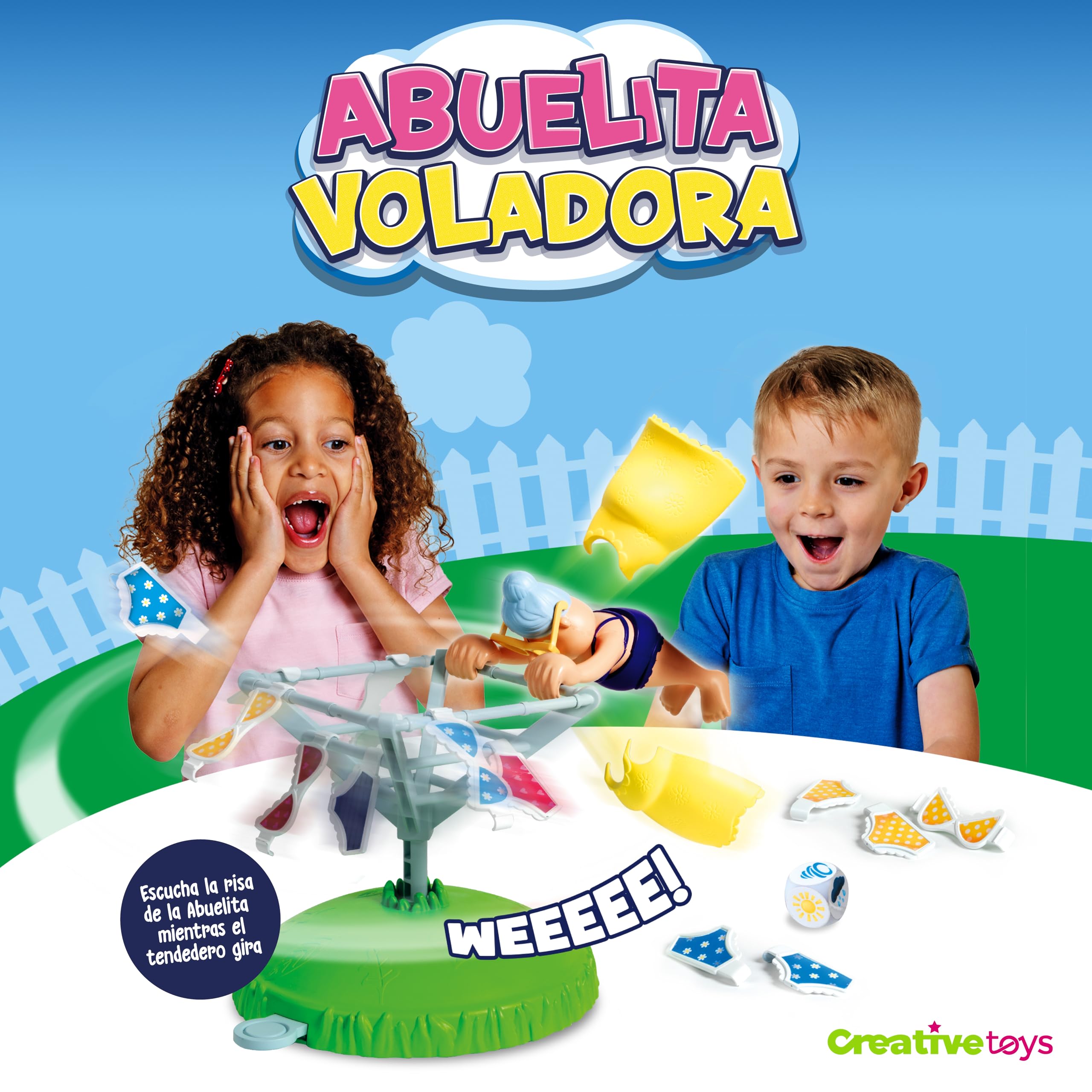Creative Toys Abuelita Voladora Juego de Mesa Familiar | Set de Habilidad y Reflejos con Tendedero Giratorio | Actividad Creativa con Dado para Fiestas en Casa | 2 a 4 Jugadores