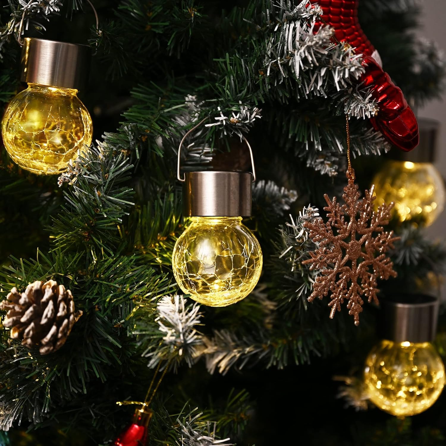 GIGALUMI Paquete de 12 luces solares para exteriores, luces solares colgantes para decoración de Navidad, luces solares de vidrio agrietado para exteriores, impermeables, para jardín, patio, valla,