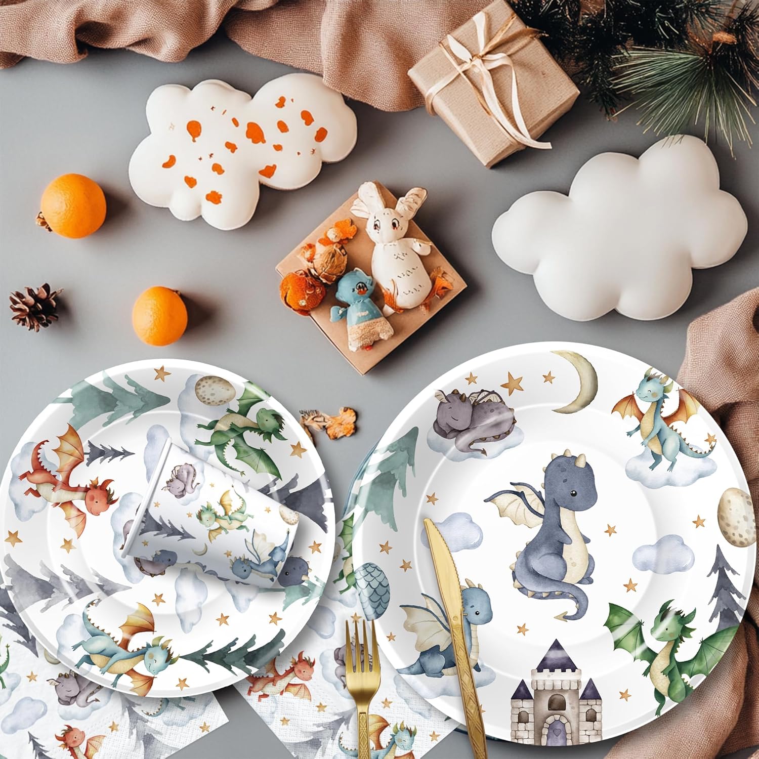 Dragon Birthday Party Supplies, Magic Dragons Party Decorations, Paper Plate, Napkin, Cup, Tablecloth, Cutlery, Magical Dragon Birthday Baby Shower Table Decorations, Serves 24 - Image 7