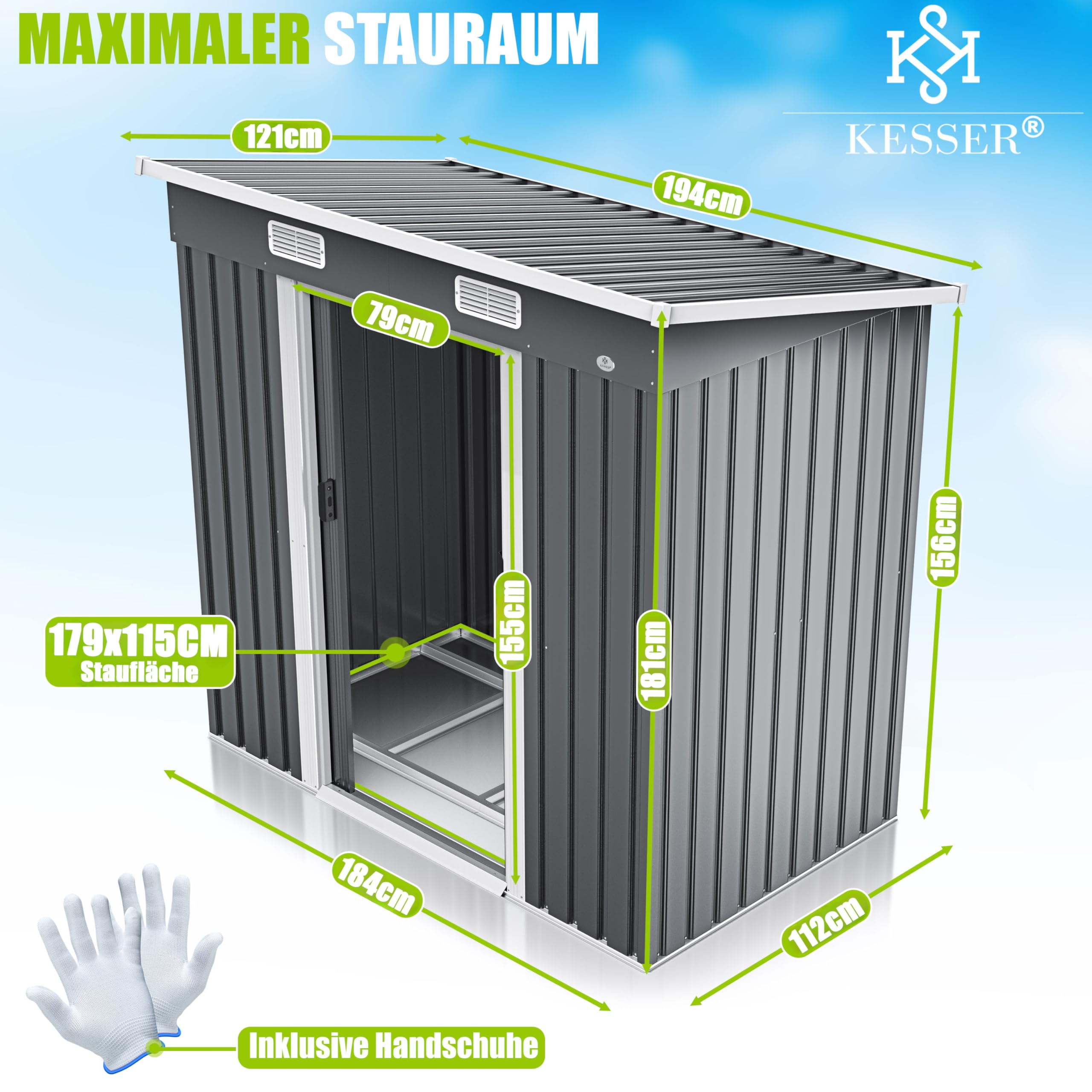 KESSER® - Casetta degli attrezzi, L, in metallo, 4 m³, con fondazione, 194 x 112 x 181 cm, 2 porte scorrevoli e fondamenta, capannone degli attrezzi, capannone da giardino, con guanti da lavoro grigi
