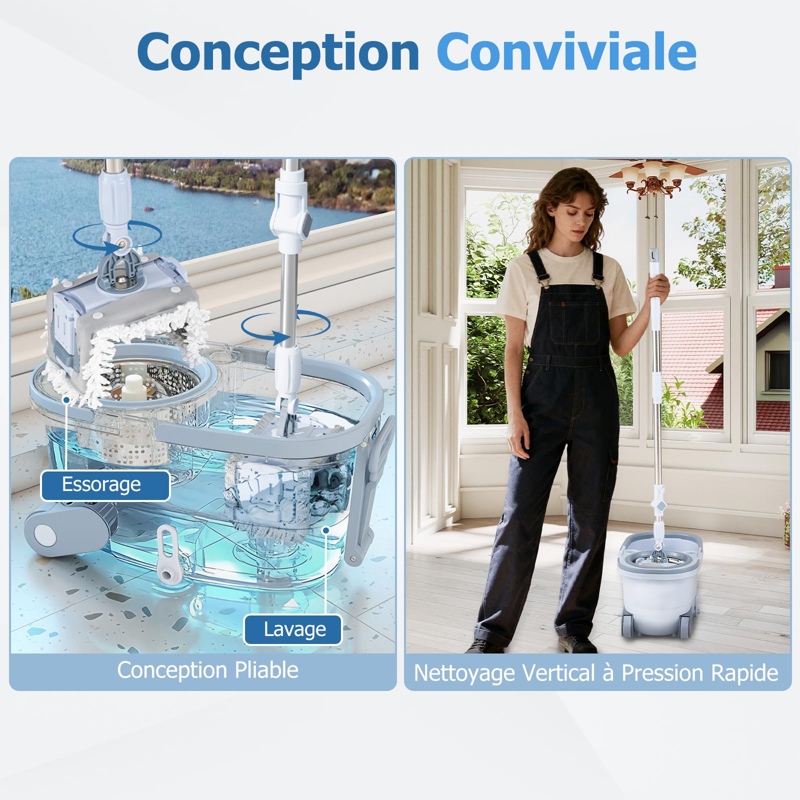 COSTWAY Ensemble Serpillère et Seau, Lavage Mains Libres avec Double Seau, Serpillère Rectangulaire & Serpillère Ronde, 2 Tampons, Serpillère de Nettoyage en Profondeur à 360° pour Sols, Murs, Maison