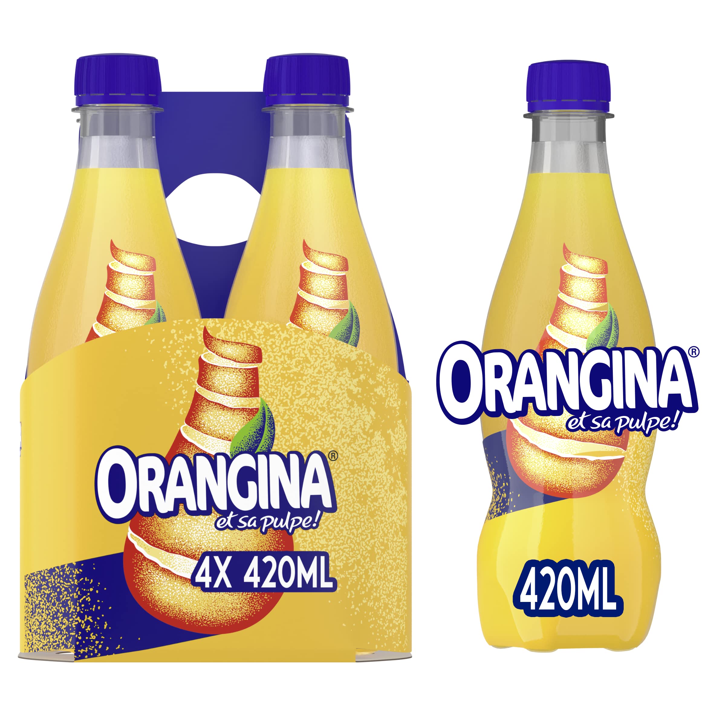 Orangina Sparkling Orange Fruit Drink, Multipack of 4 x 420ml Bottles; Contains a Blend of Citrus juices, Real Orange Pulp and Orange Zest