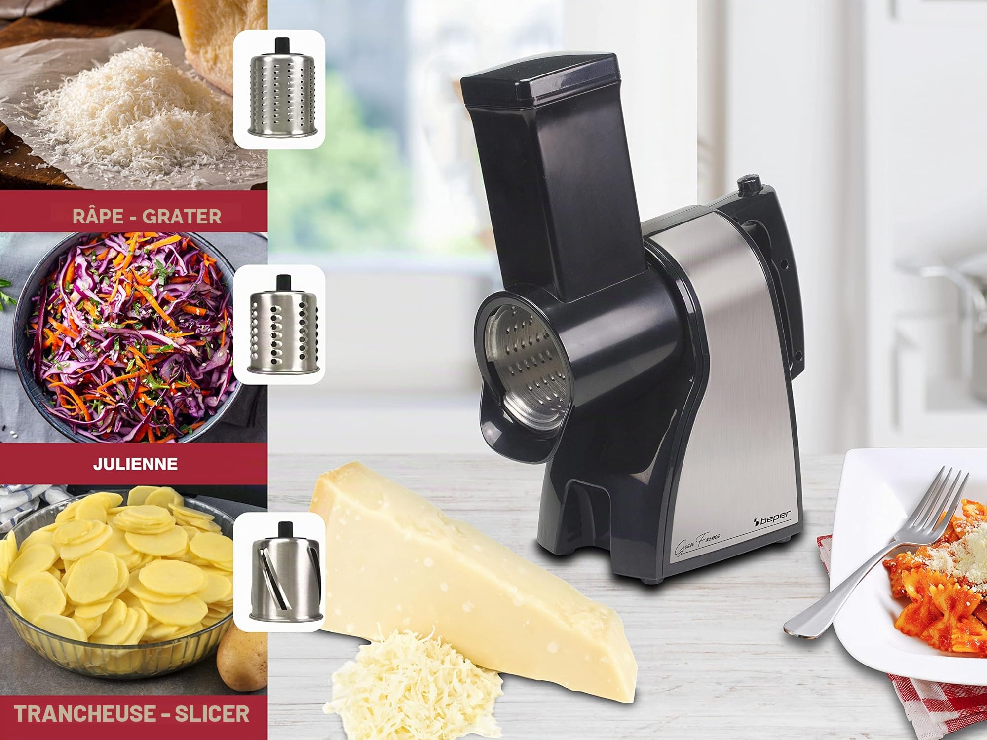 BEPER BP.400 Rapeuse Legume et Fromage Electrique en Acier - Râpe et Coupe Legumes