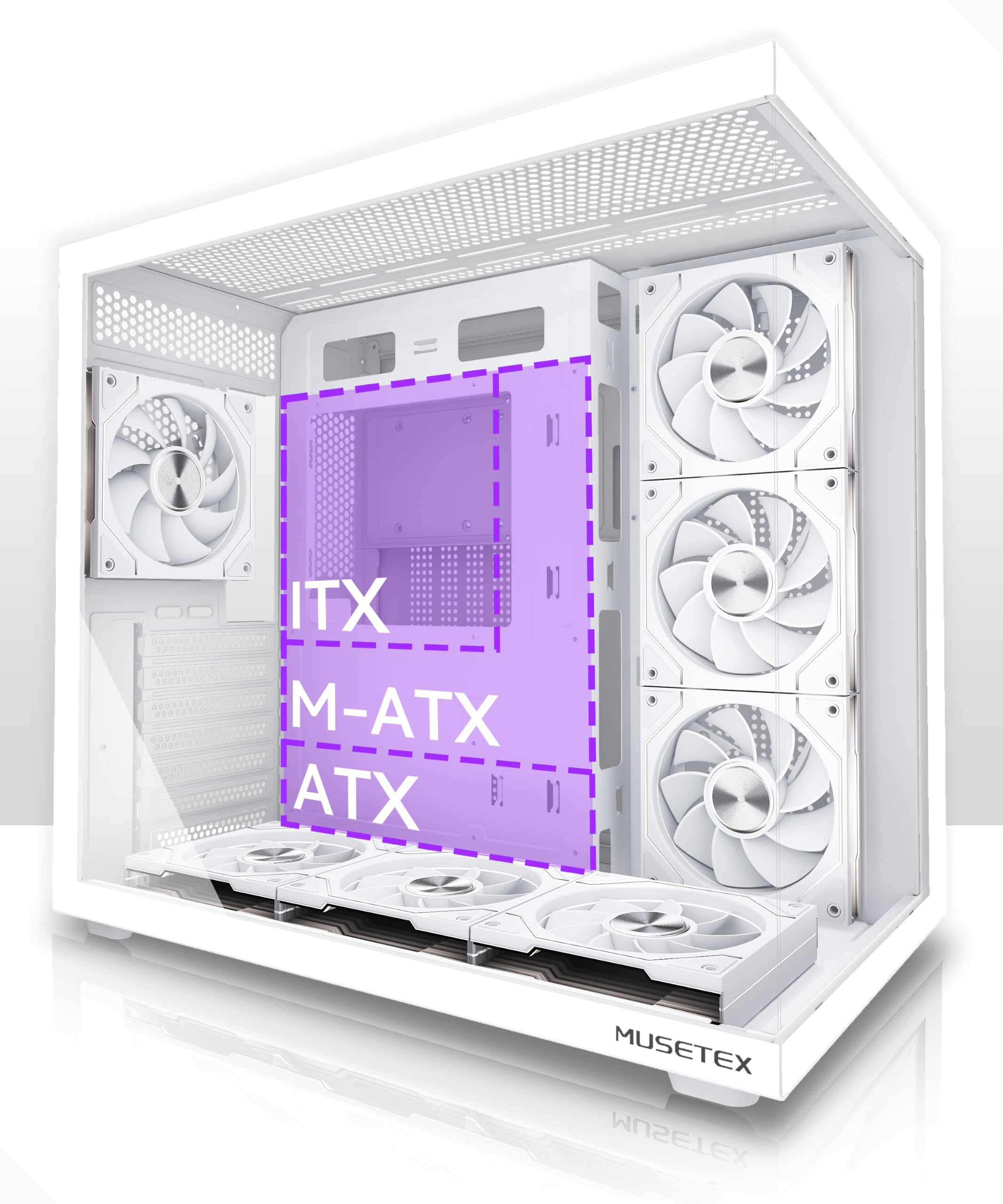 MUSETEX Y6 Caja PC ATX Torre Mediana, 7 Ventiladores PWM ARGB Espejo Infinito, Tipo-C, Cristal Templado 270°, Blanco