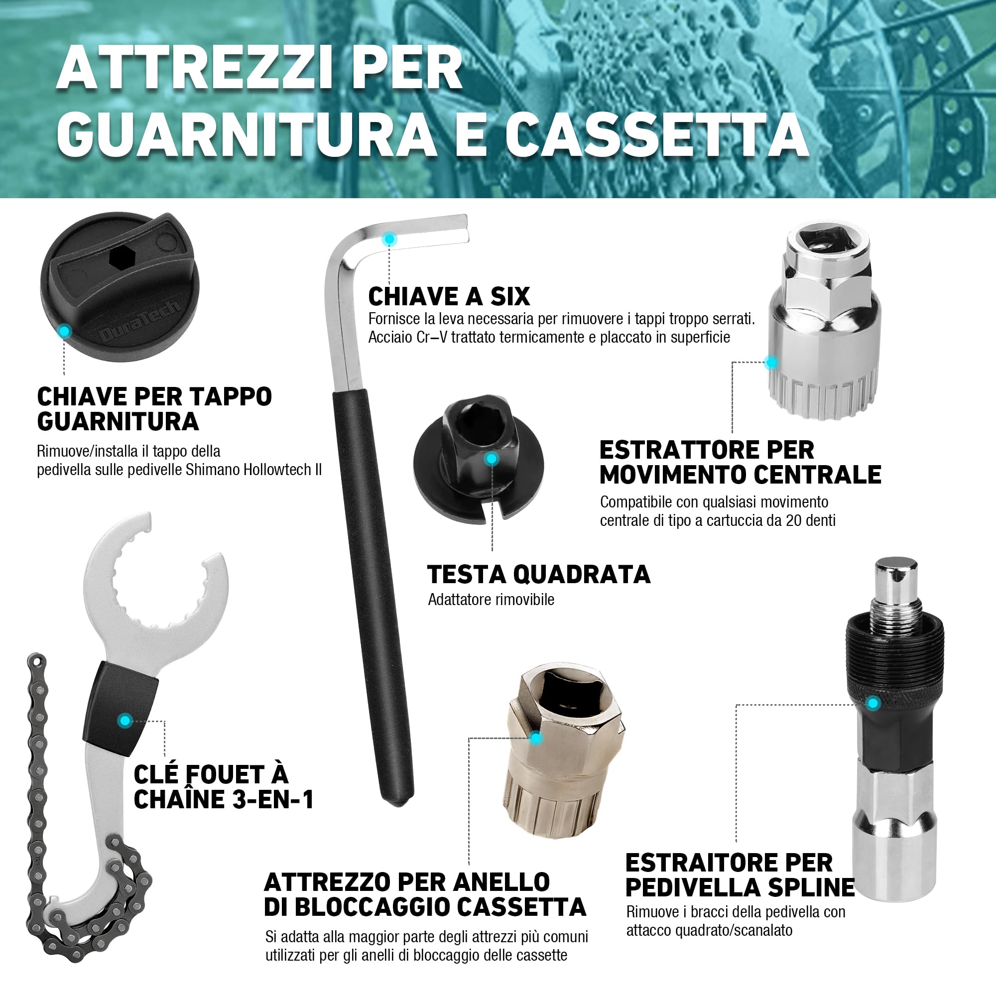 DuraTech Kit Riparazione Biciclette 31 Pezzi con Custodia, Set Attrezzi Completo per Catene, Pneumatici e Manutenzione Bicicletta Domestica